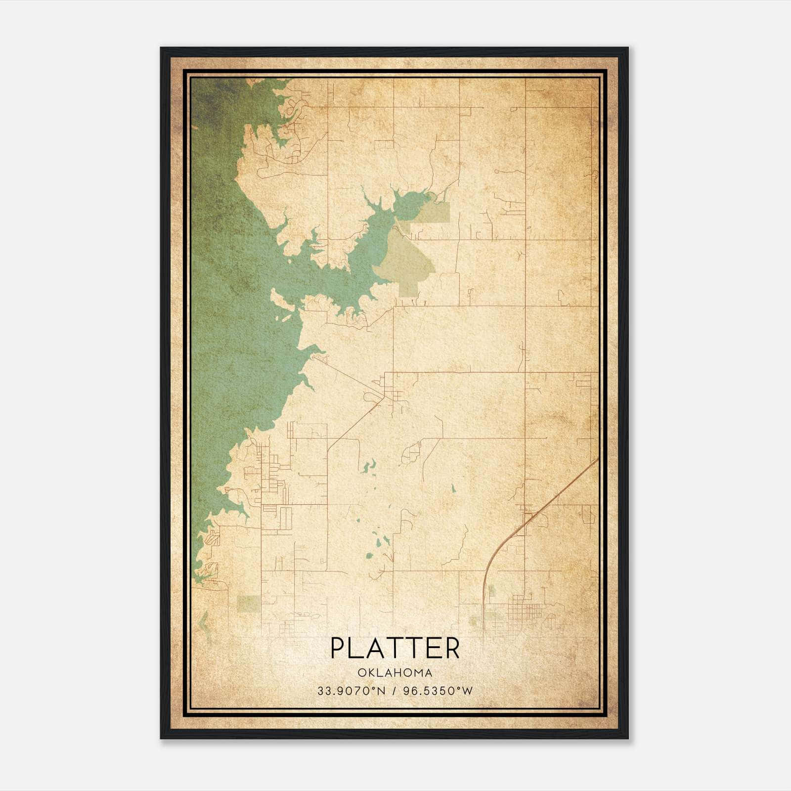 Vintage Platter Oklahoma Map Poster, Platter OK City Road Wall Art Print Vintage Platter Oklahoma Map Poster, Platter OK City Road Wall Art Print
