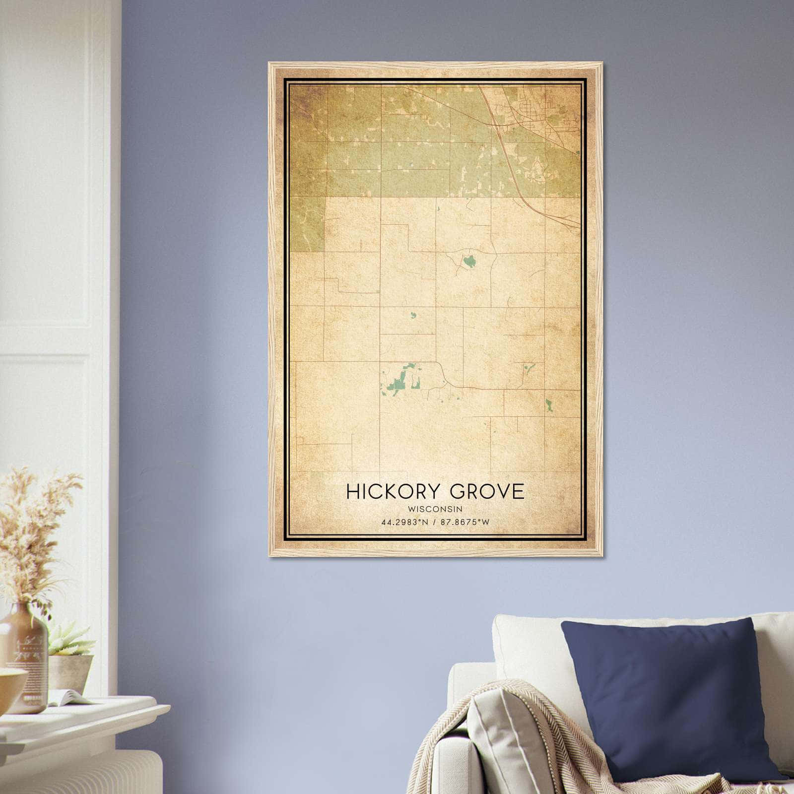 Vintage Hickory Grove Wisconsin Map Poster, Hickory Grove WI City Road Wall Art Print