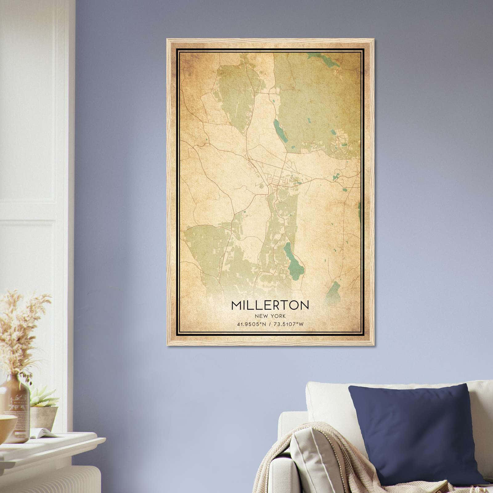 Vintage Millerton New York Map Poster, Millerton NY City Road Wall Art Print