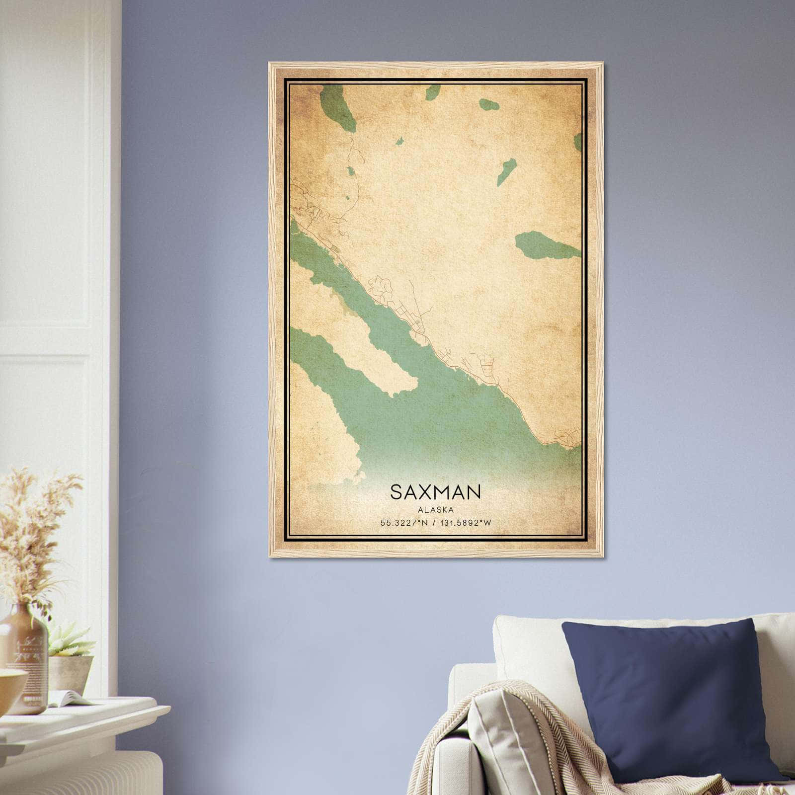 Vintage Saxman Alaska Map Poster, Saxman AK City Road Wall Art Print
