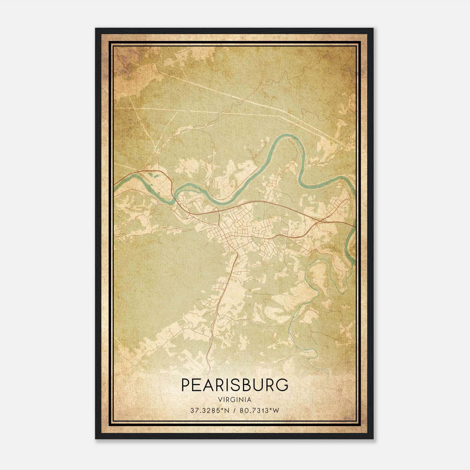 Vintage Pearisburg Virginia Map Poster, Pearisburg VA City Road Wall Art Print Vintage Pearisburg Virginia Map Poster, Pearisburg VA City Road Wall Art Print