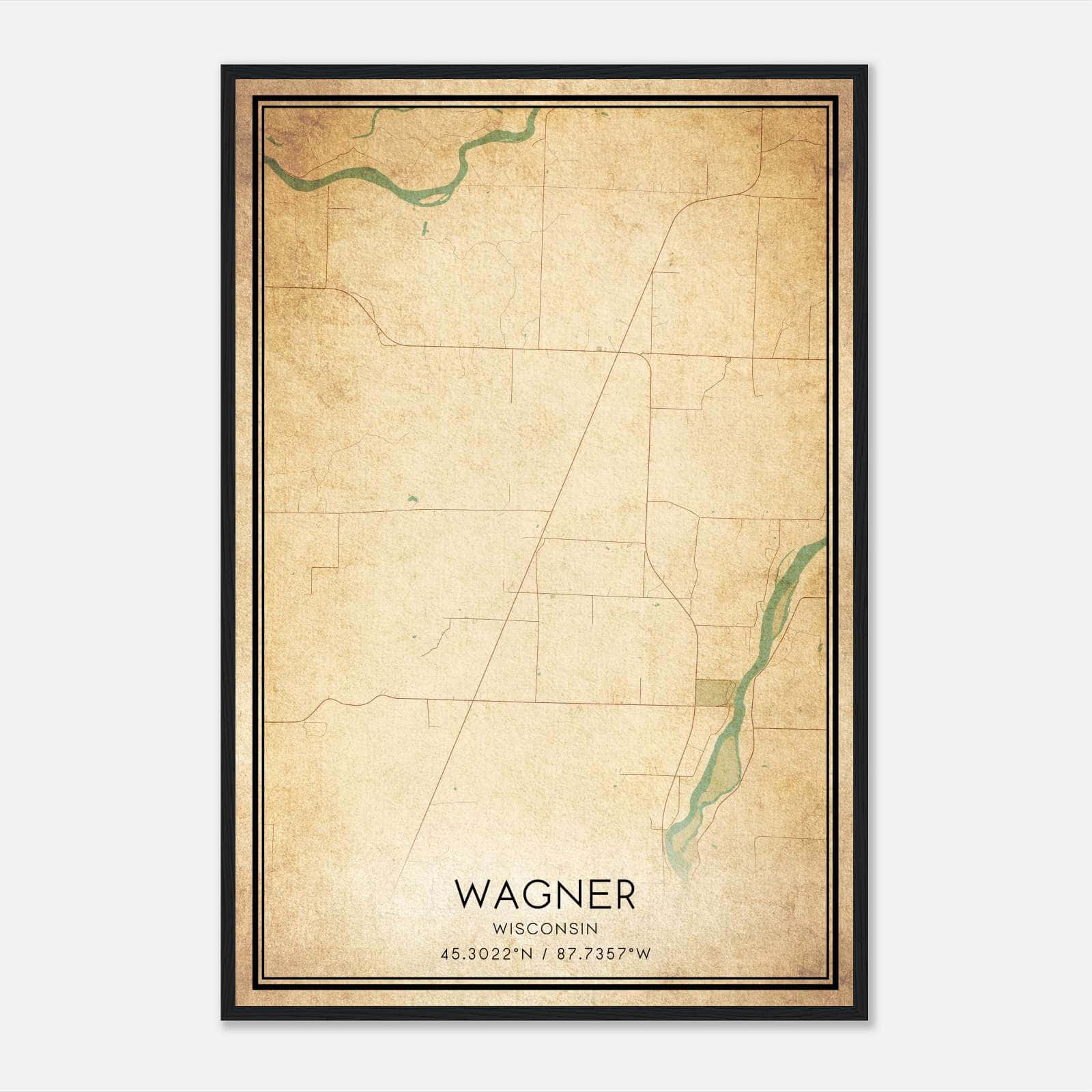 Vintage Wagner Wisconsin Map Poster, Wagner WI City Road Wall Art Print Vintage Wagner Wisconsin Map Poster, Wagner WI City Road Wall Art Print