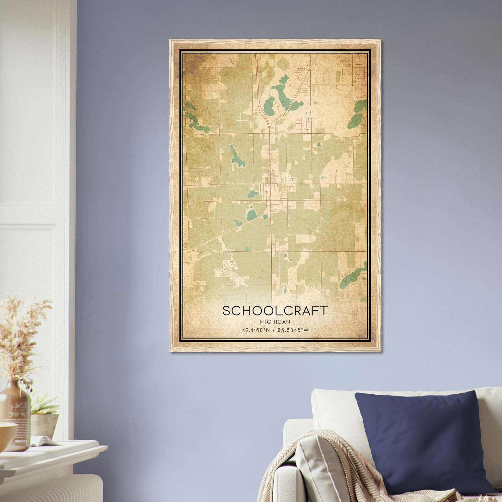 Vintage Schoolcraft Michigan Map Poster, Schoolcraft MI City Road Wall Art Print