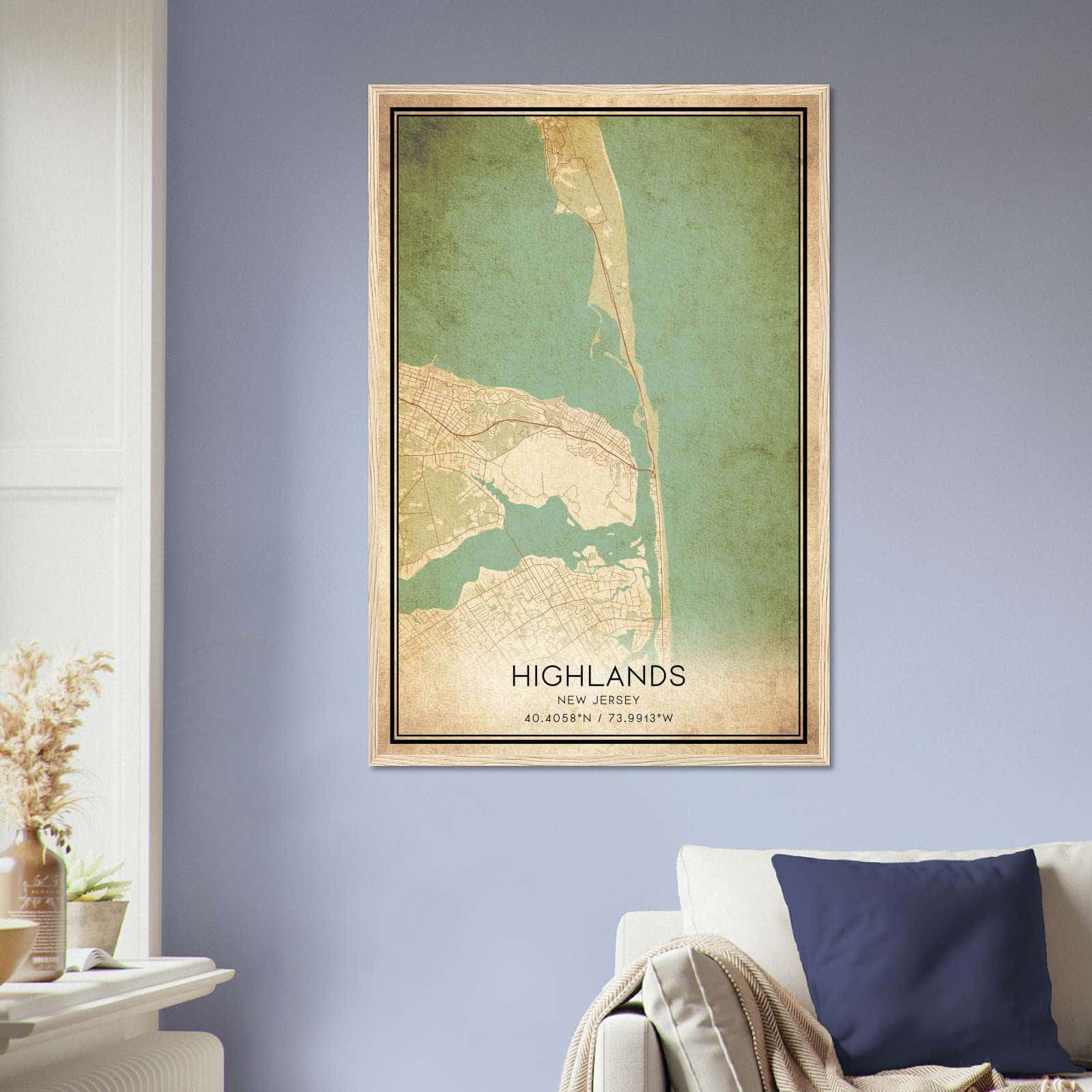 Vintage Highlands New Jersey Map Poster, Highlands NJ City Road Wall Art Print