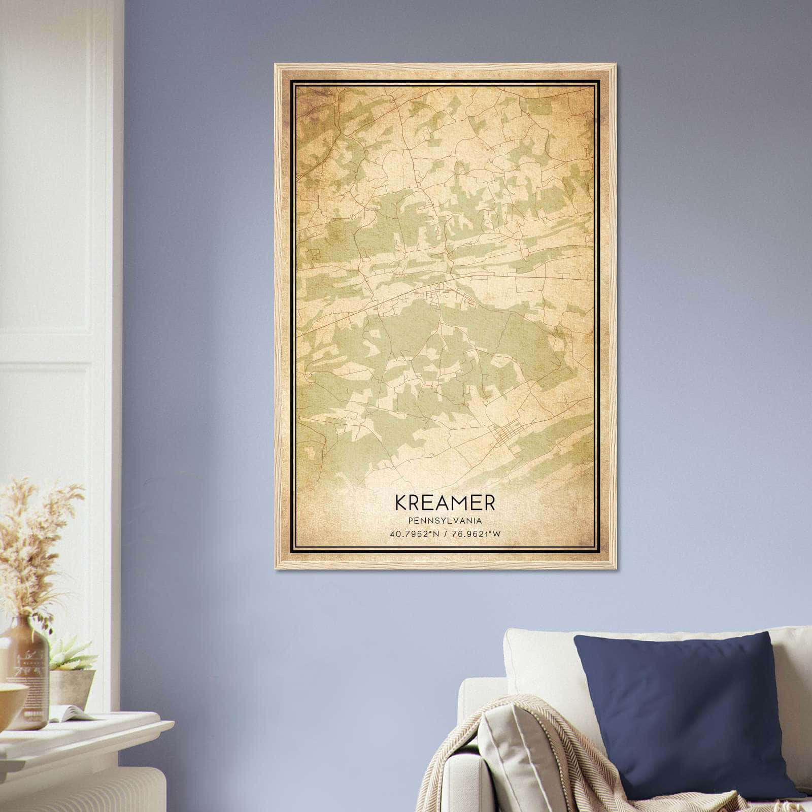 Vintage Kreamer Pennsylvania Map Poster, Kreamer PA City Road Wall Art Print