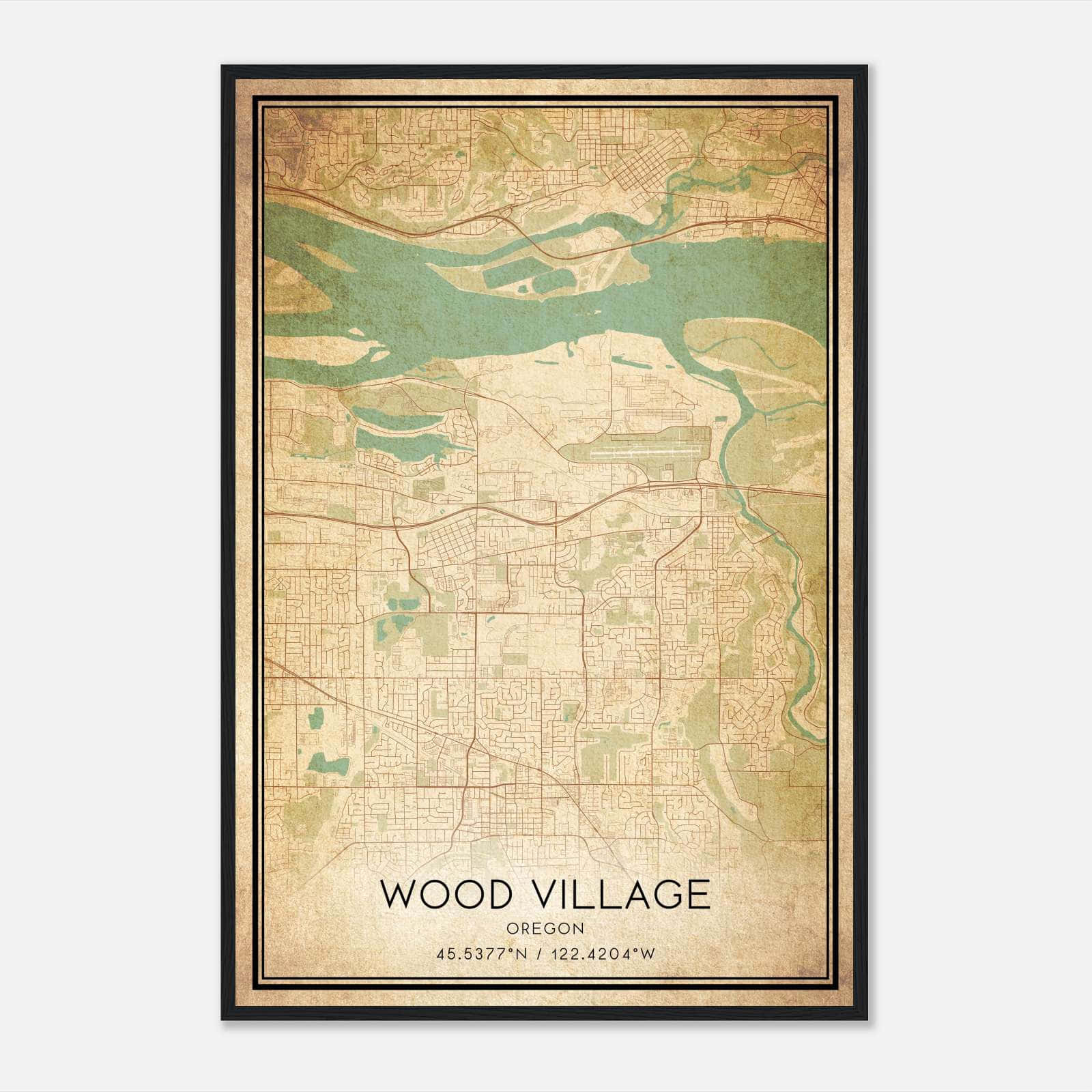 Vintage Wood Village Oregon Map Poster, Wood Village OR City Road Wall Art Print Vintage Wood Village Oregon Map Poster, Wood Village OR City Road Wall Art Print