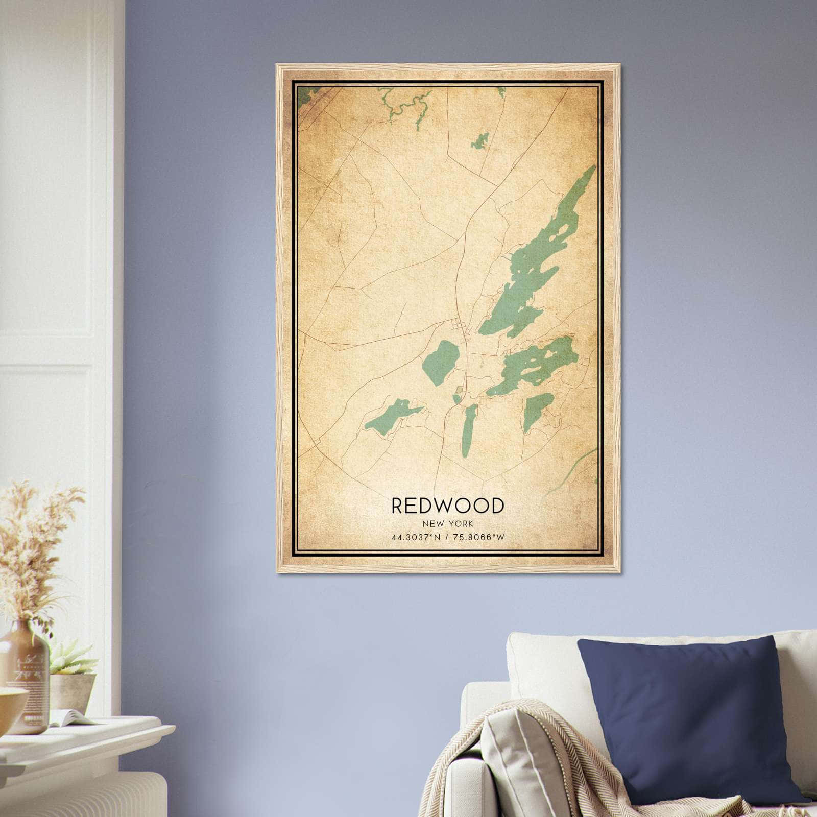 Vintage Redwood New York Map Poster, Redwood NY City Road Wall Art Print