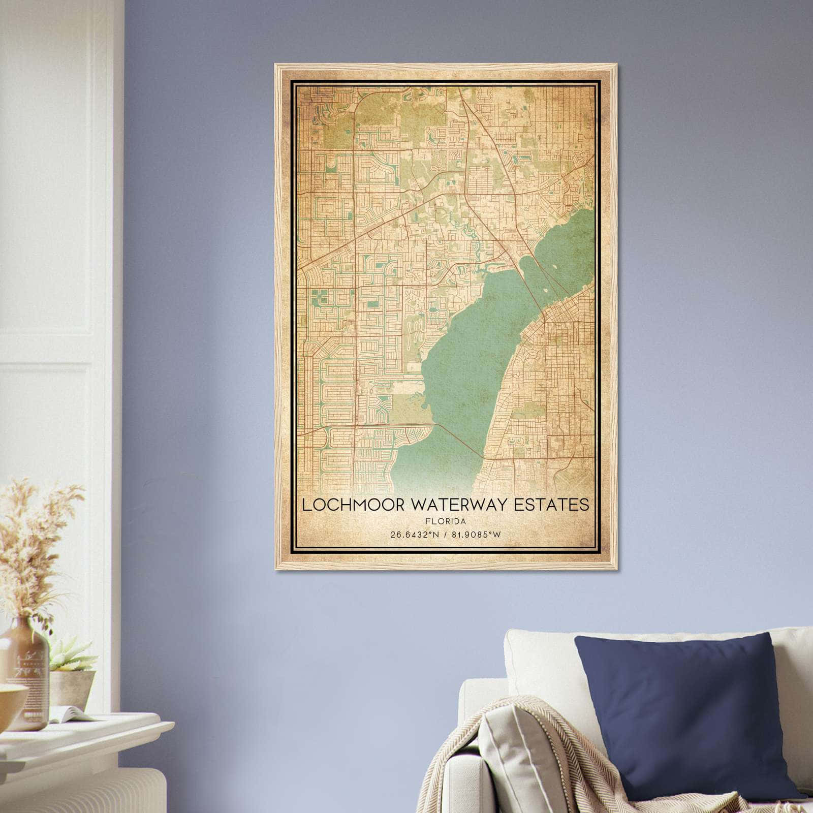 Vintage Lochmoor Waterway Estates Florida Map Poster, Lochmoor Waterway Estates FL City Road Wall Art Print