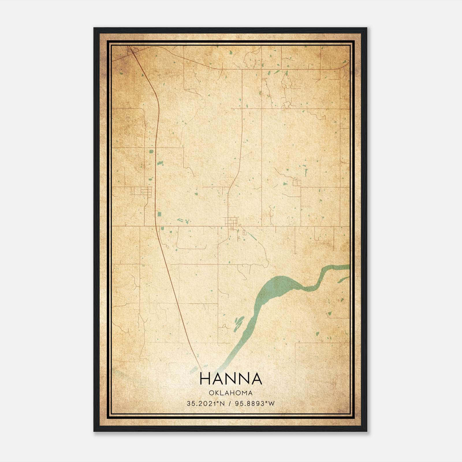 Vintage Hanna Oklahoma Map Poster, Hanna OK City Road Wall Art Print Vintage Hanna Oklahoma Map Poster, Hanna OK City Road Wall Art Print
