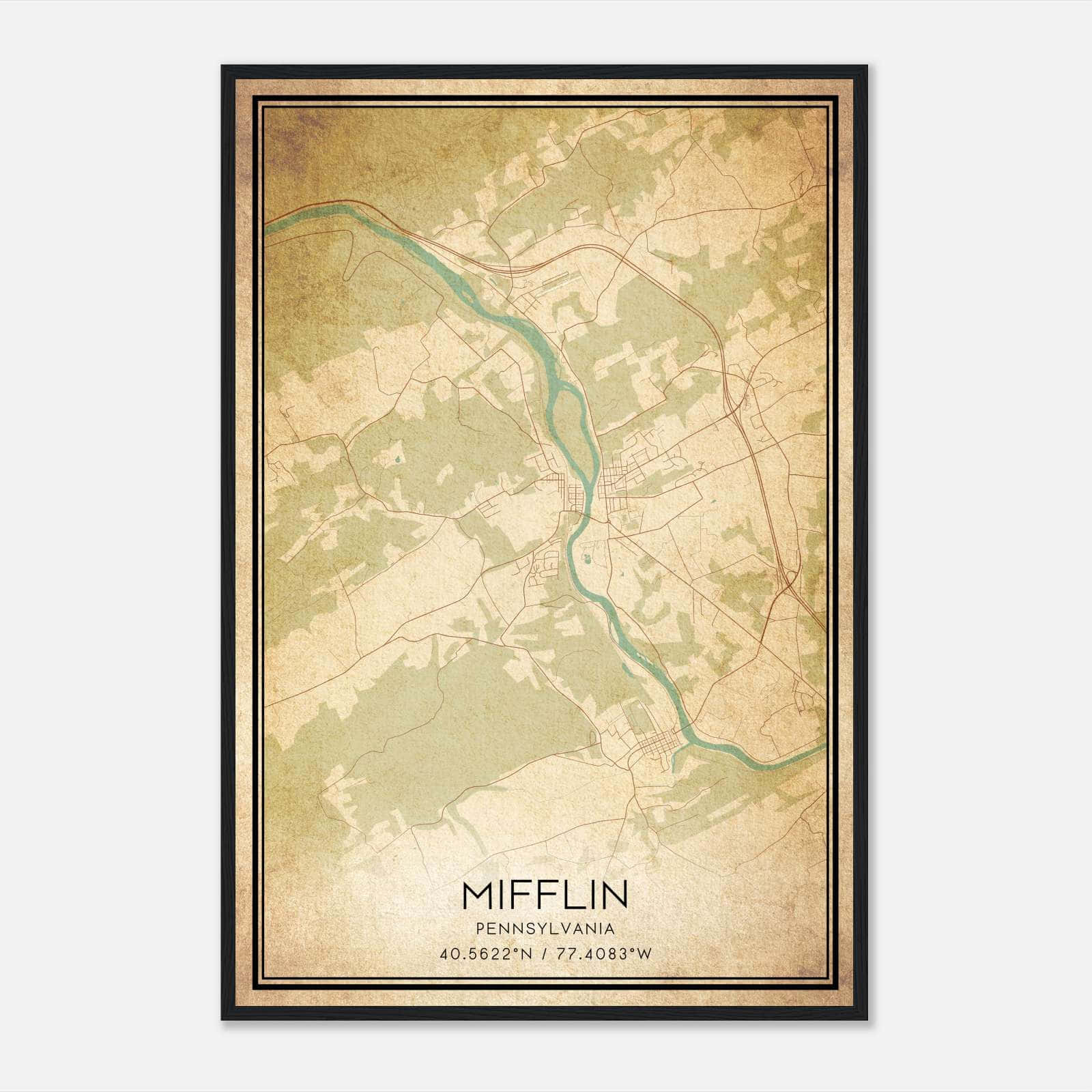 Vintage Mifflin Pennsylvania Map Poster, Mifflin PA City Road Wall Art Print Vintage Mifflin Pennsylvania Map Poster, Mifflin PA City Road Wall Art Print