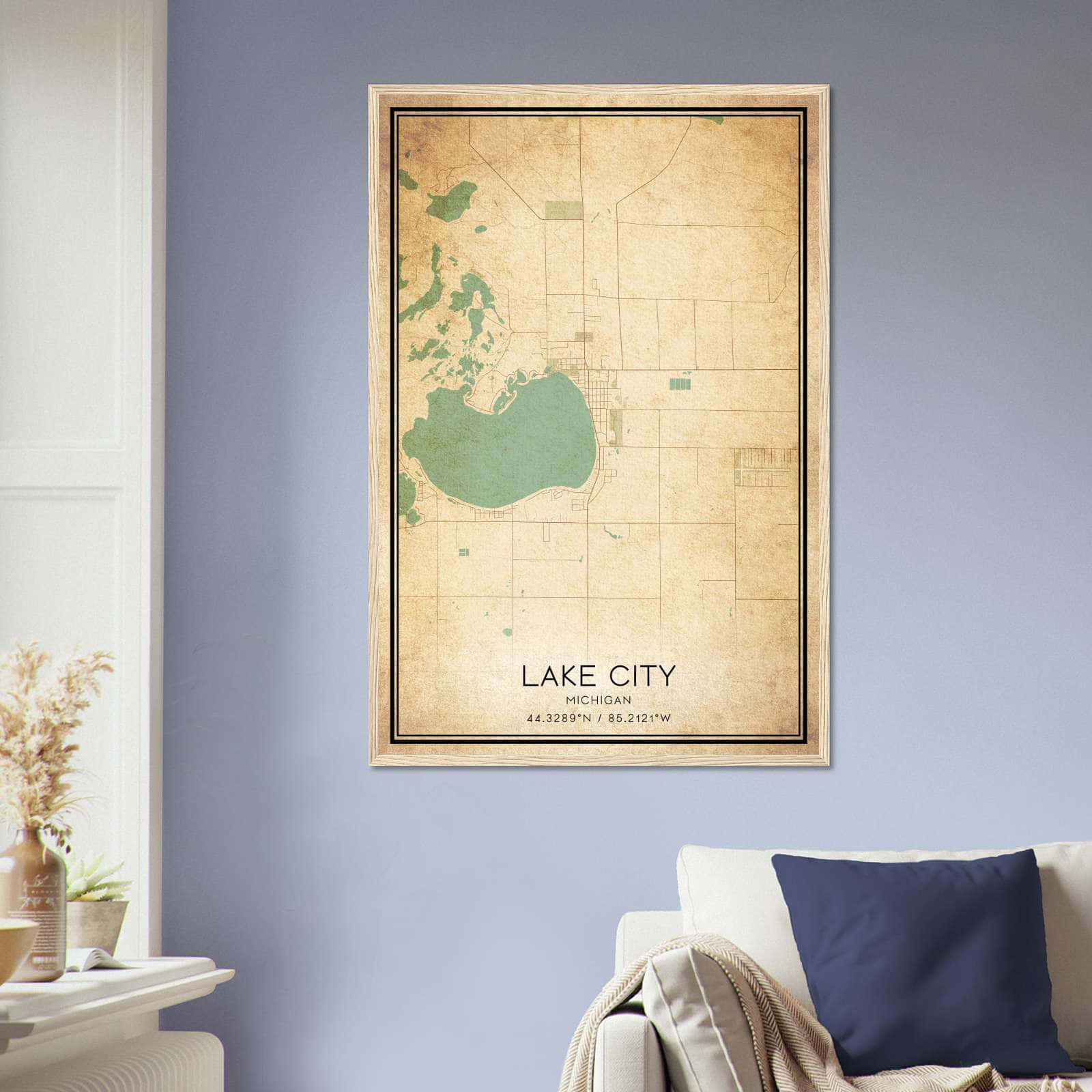 Vintage Lake City Michigan Map Poster, Lake City MI City Road Wall Art Print