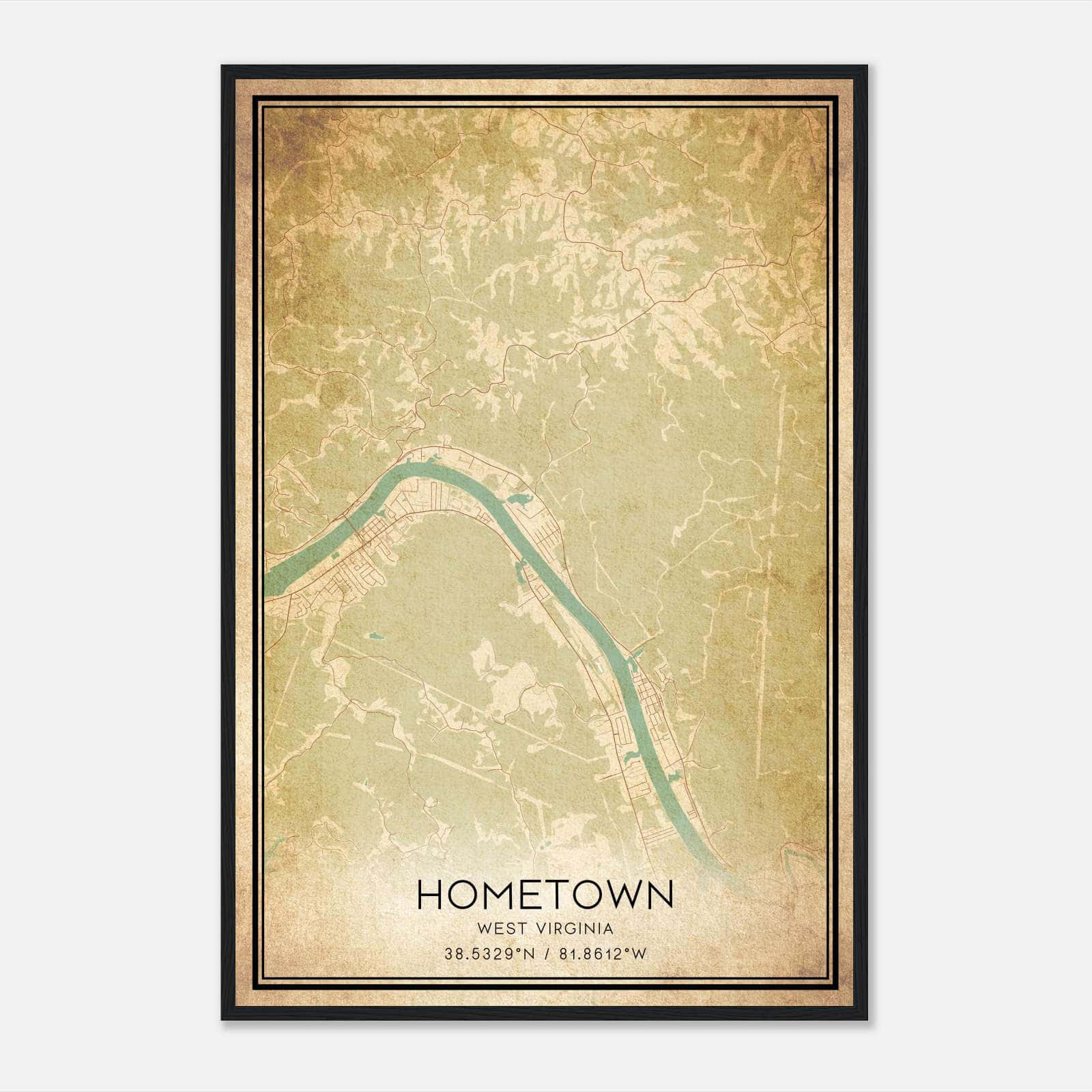 Vintage Hometown West Virginia Map Poster, Hometown WV City Road Wall Art Print Vintage Hometown West Virginia Map Poster, Hometown WV City Road Wall Art Print
