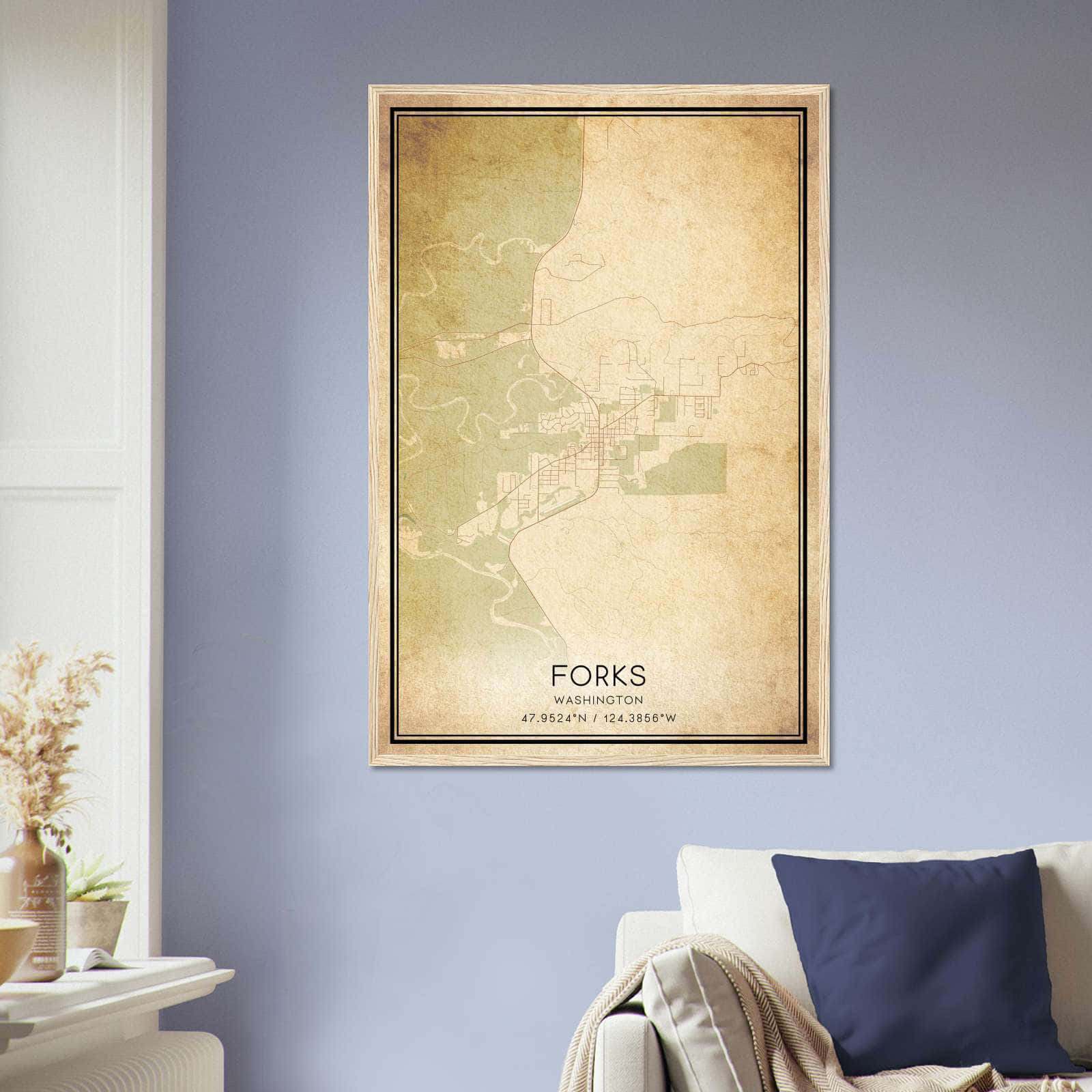 Vintage Forks Washington Map Poster, Forks WA City Road Wall Art Print