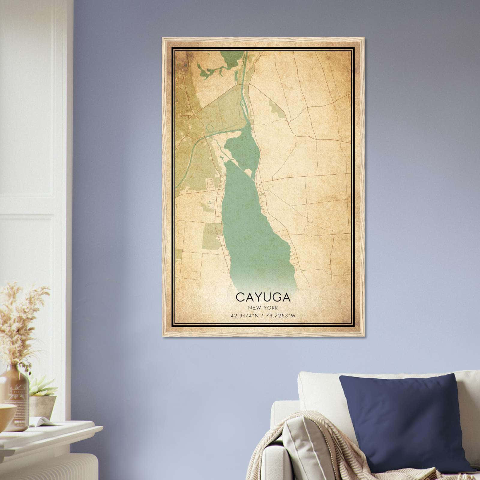 Vintage Cayuga New York Map Poster, Cayuga NY City Road Wall Art Print