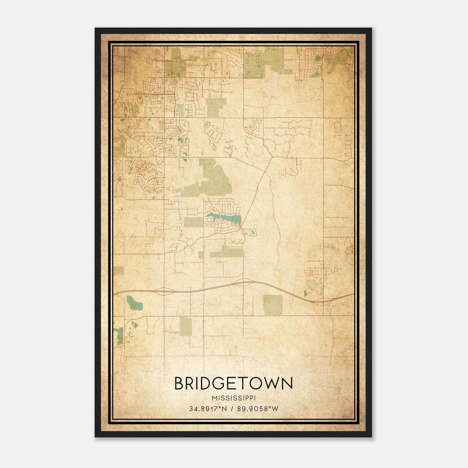 Vintage Bridgetown Mississippi Map Poster, Bridgetown MS City Road Wall Art Print Vintage Bridgetown Mississippi Map Poster, Bridgetown MS City Road Wall Art Print