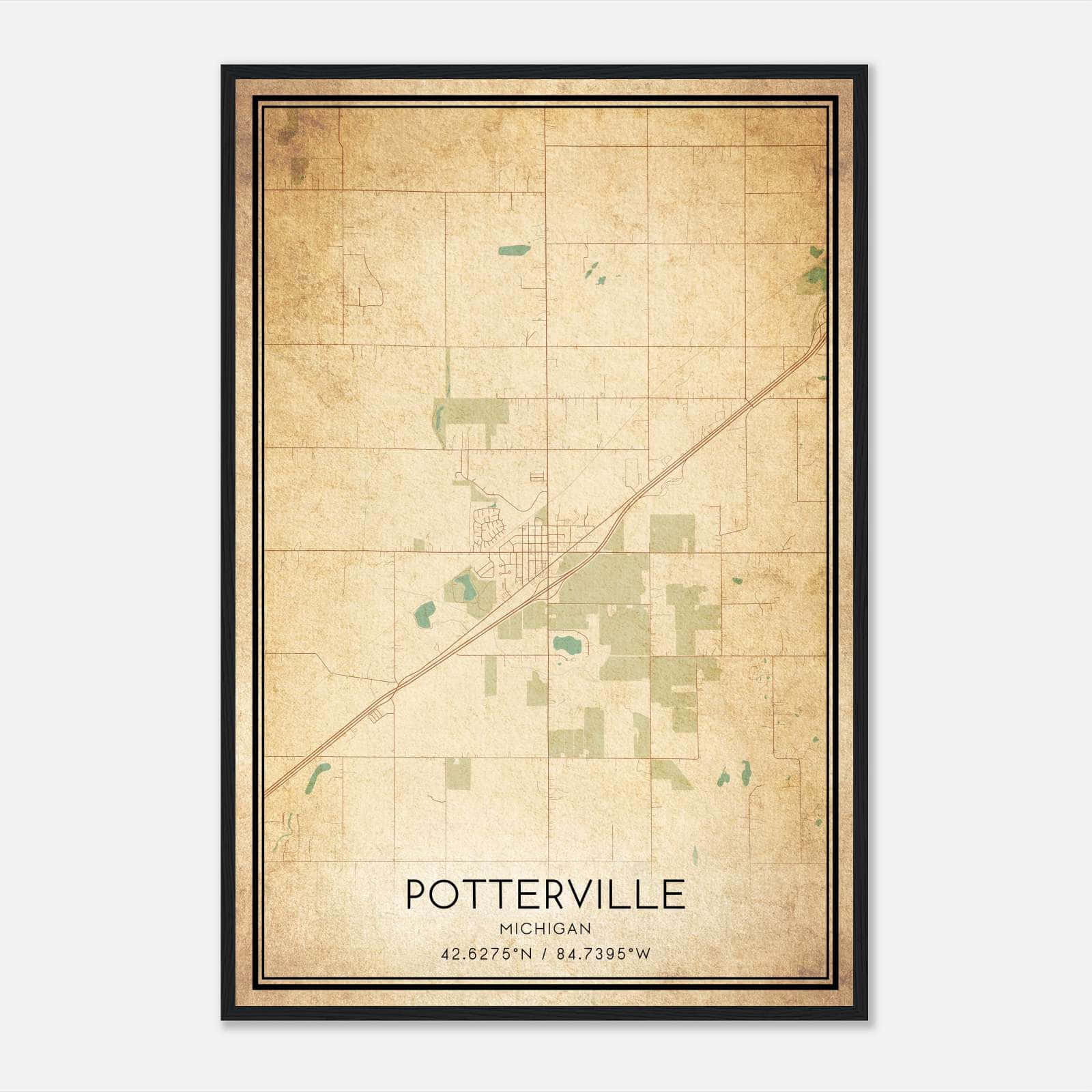 Vintage Potterville Michigan Map Poster, Potterville MI City Road 