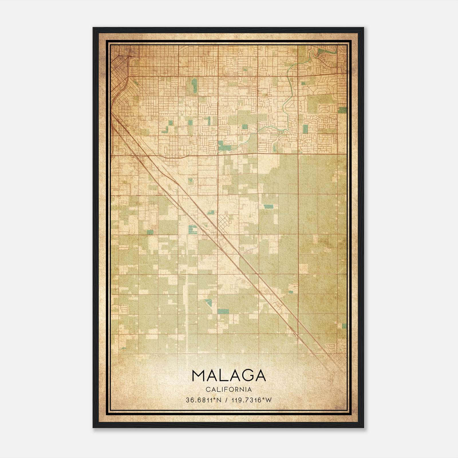 Vintage Malaga California Map Poster, Malaga CA City Road Wall Art Print Vintage Malaga California Map Poster, Malaga CA City Road Wall Art Print