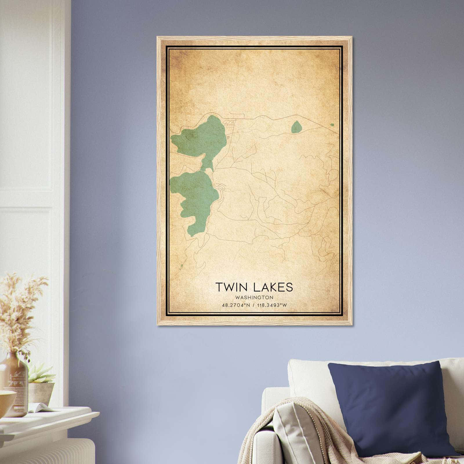 Vintage Twin Lakes Washington Map Poster, Twin Lakes WA City Road Wall Art Print