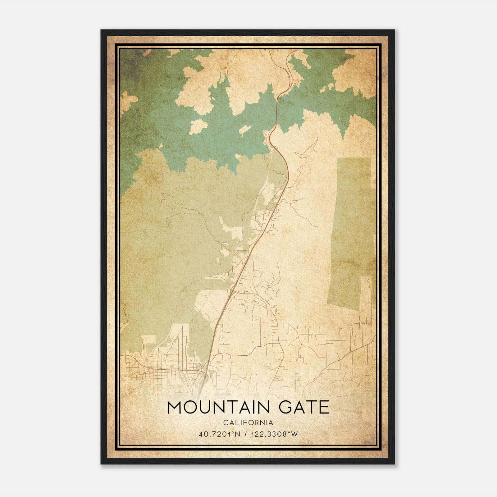 Vintage Mountain Gate California Map Poster, Mountain Gate CA City Road Wall Art Print Vintage Mountain Gate California Map Poster, Mountain Gate CA City Road Wall Art Print