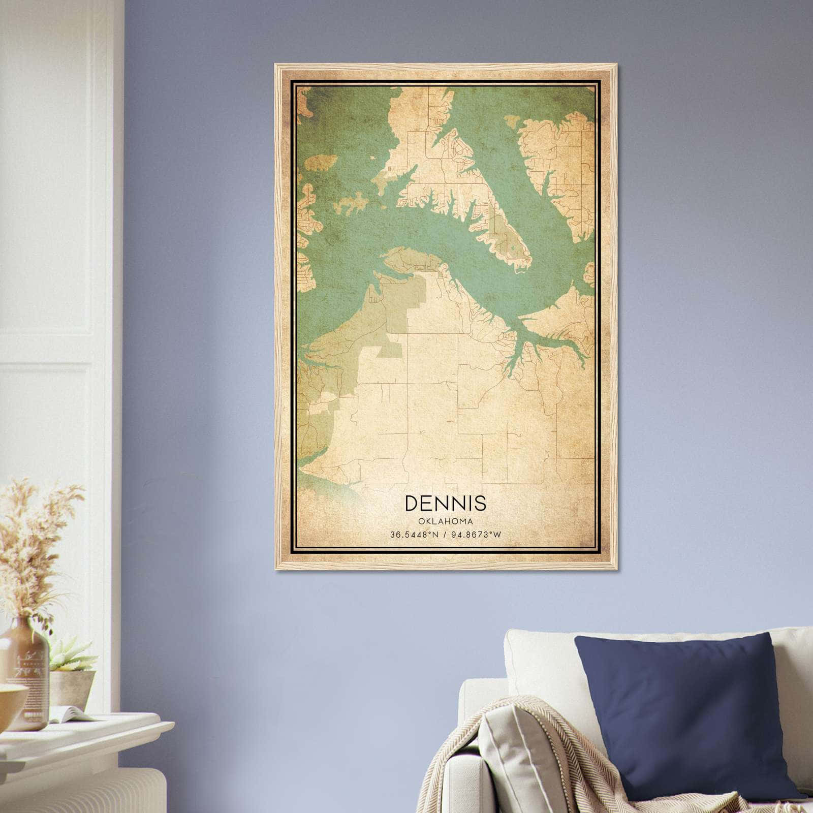 Vintage Dennis Oklahoma Map Poster, Dennis OK City Road Wall Art Print