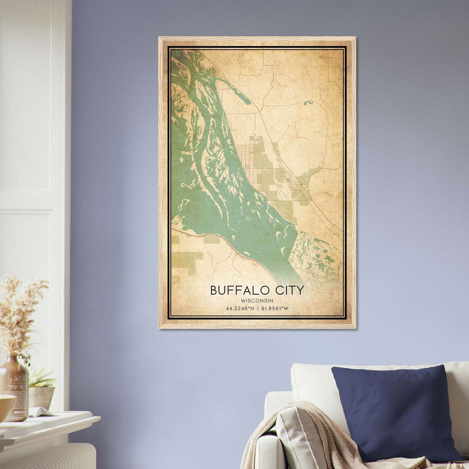 Vintage Buffalo City Wisconsin Map Poster, Buffalo City WI City Road Wall Art Print