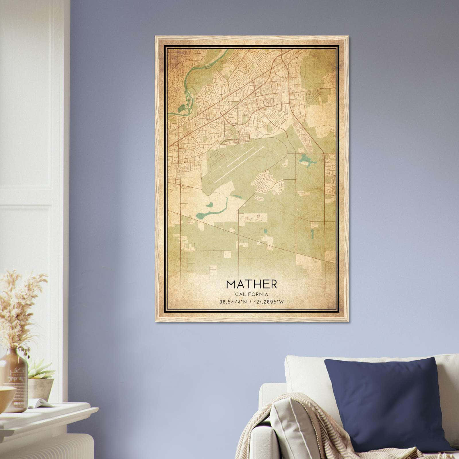 Vintage Mather California Map Poster, Mather CA City Road Wall Art Print