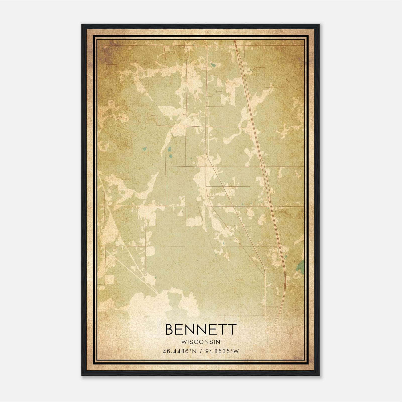 Vintage Bennett Wisconsin Map Poster, Bennett WI City Road Wall Art Print Vintage Bennett Wisconsin Map Poster, Bennett WI City Road Wall Art Print
