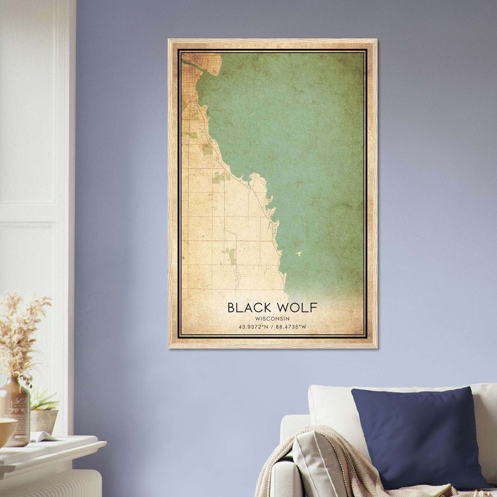 Vintage Black Wolf Wisconsin Map Poster, Black Wolf WI City Road Wall Art Print
