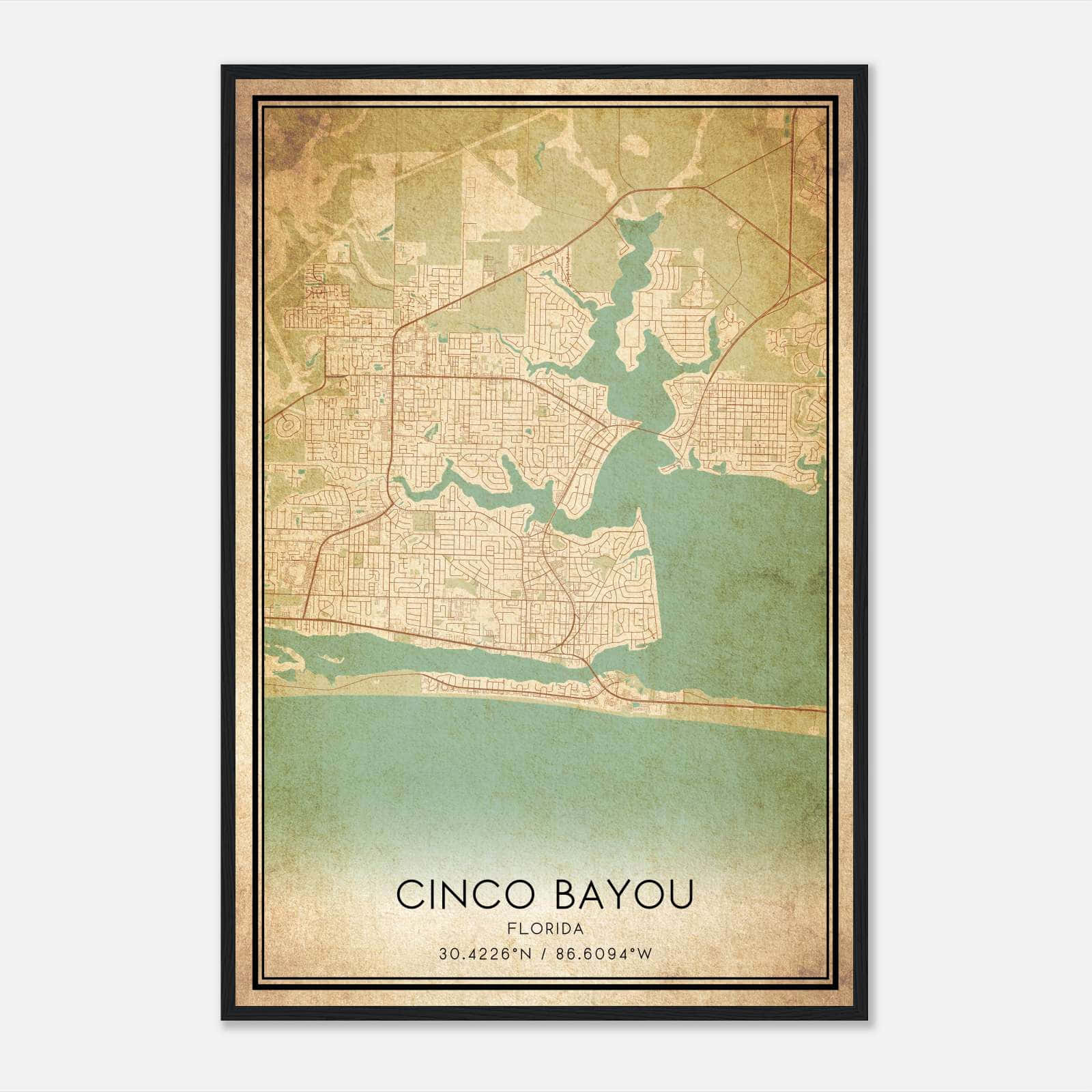 Vintage Cinco Bayou Florida Map Poster, Cinco Bayou FL City Road Wall Art Print Vintage Cinco Bayou Florida Map Poster, Cinco Bayou FL City Road Wall Art Print