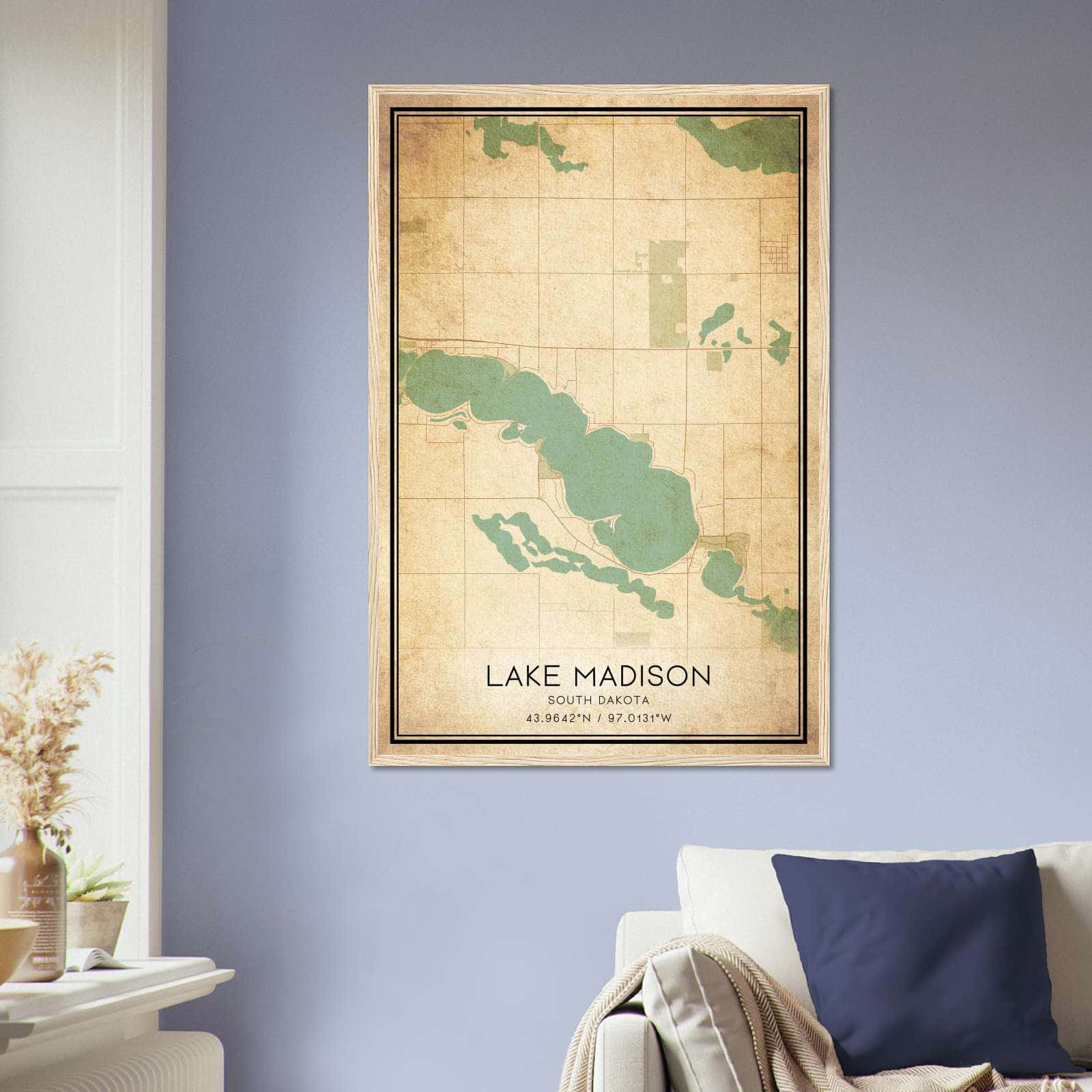 Vintage Lake Madison South Dakota Map Poster, Lake Madison SD City Road Wall Art Print