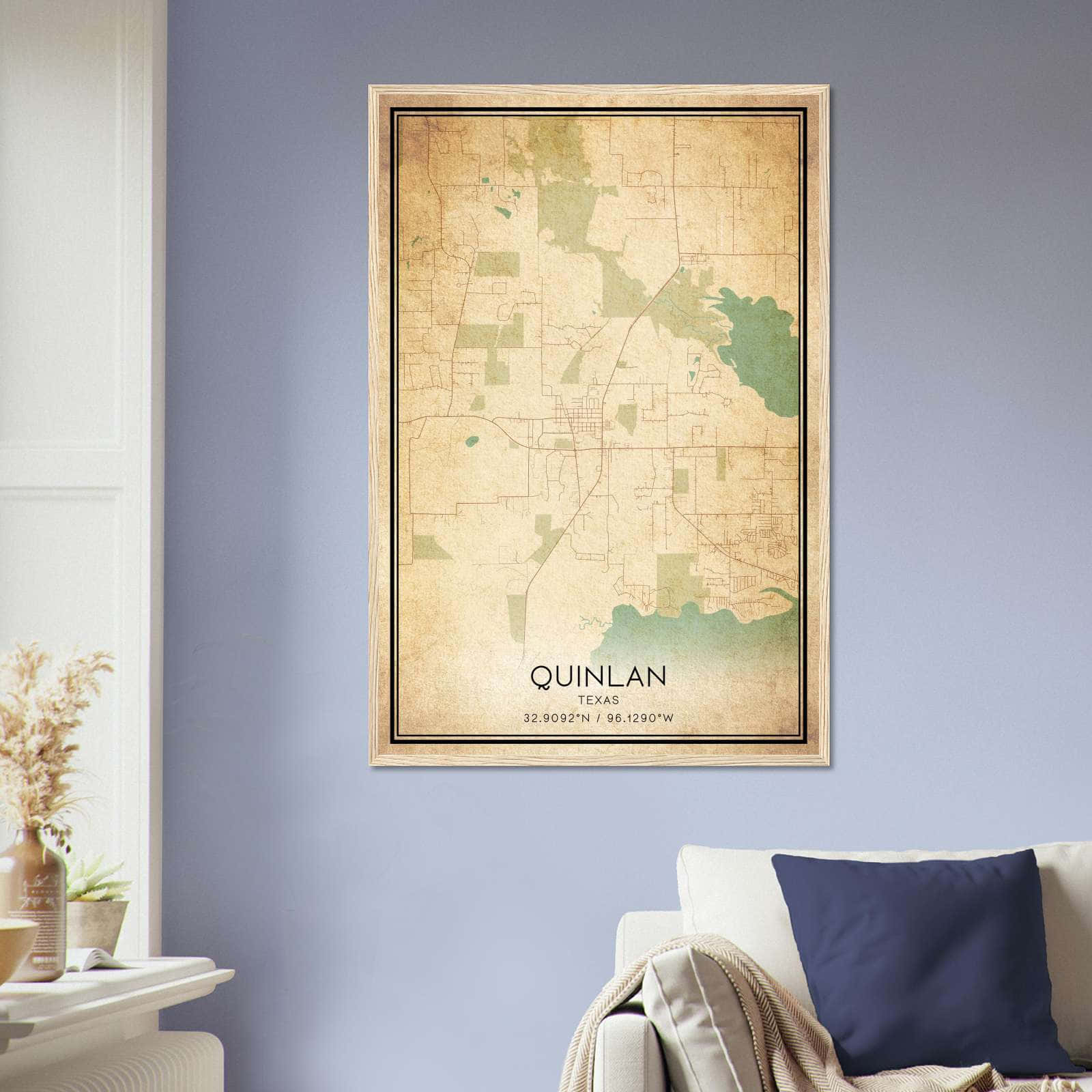 Vintage Quinlan Texas Map Poster, Quinlan TX City Road Wall Art Print
