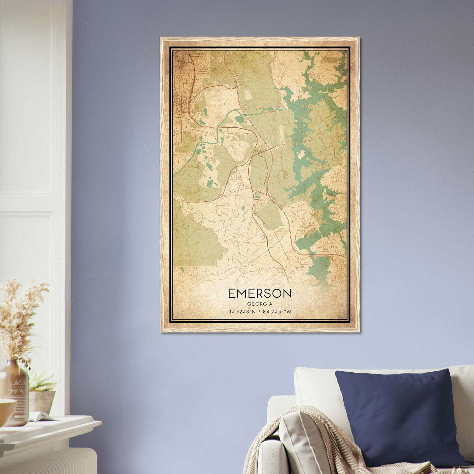 Vintage Emerson Georgia Map Poster, Emerson GA City Road Wall Art Print