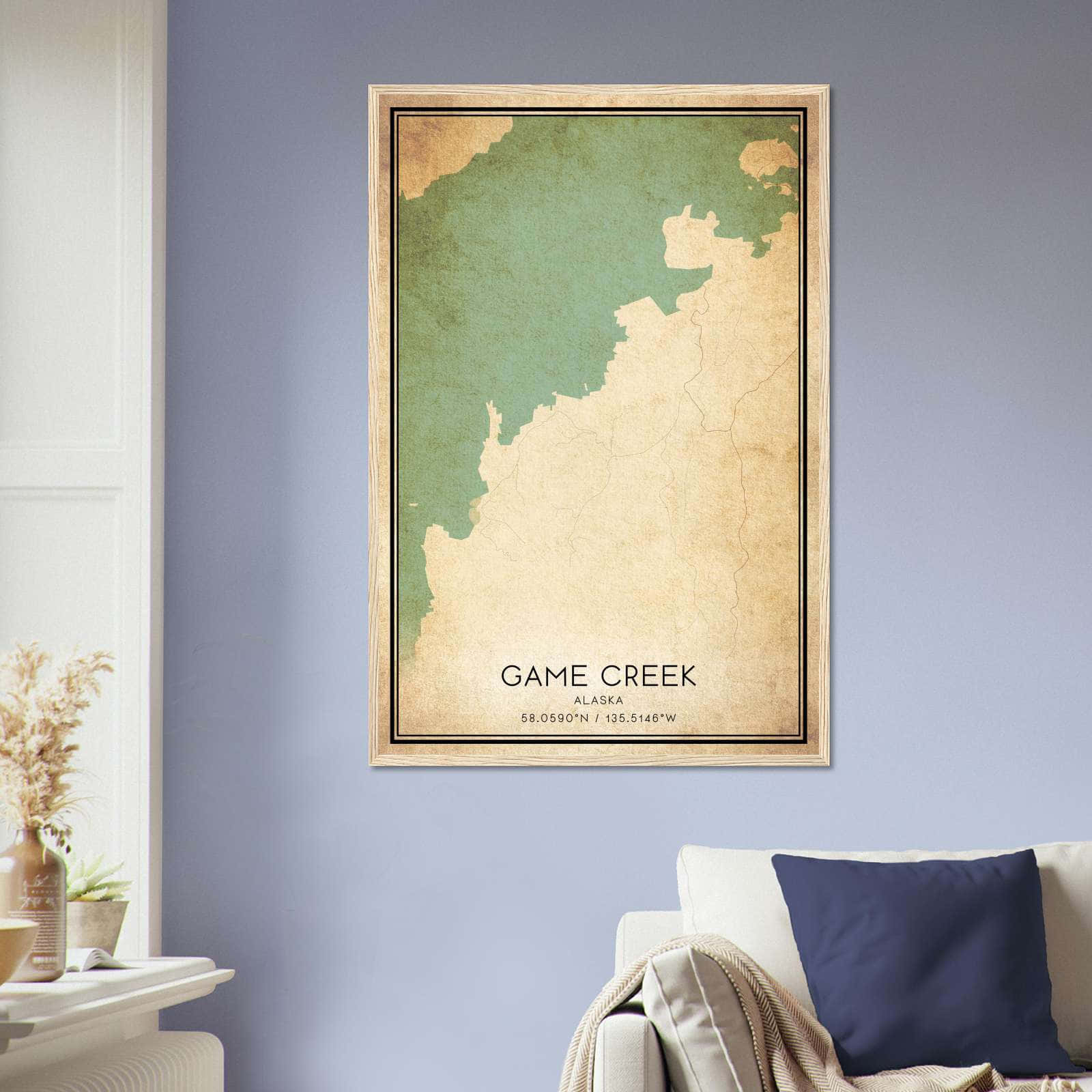 Vintage Game Creek Alaska Map Poster, Game Creek AK City Road Wall Art Print