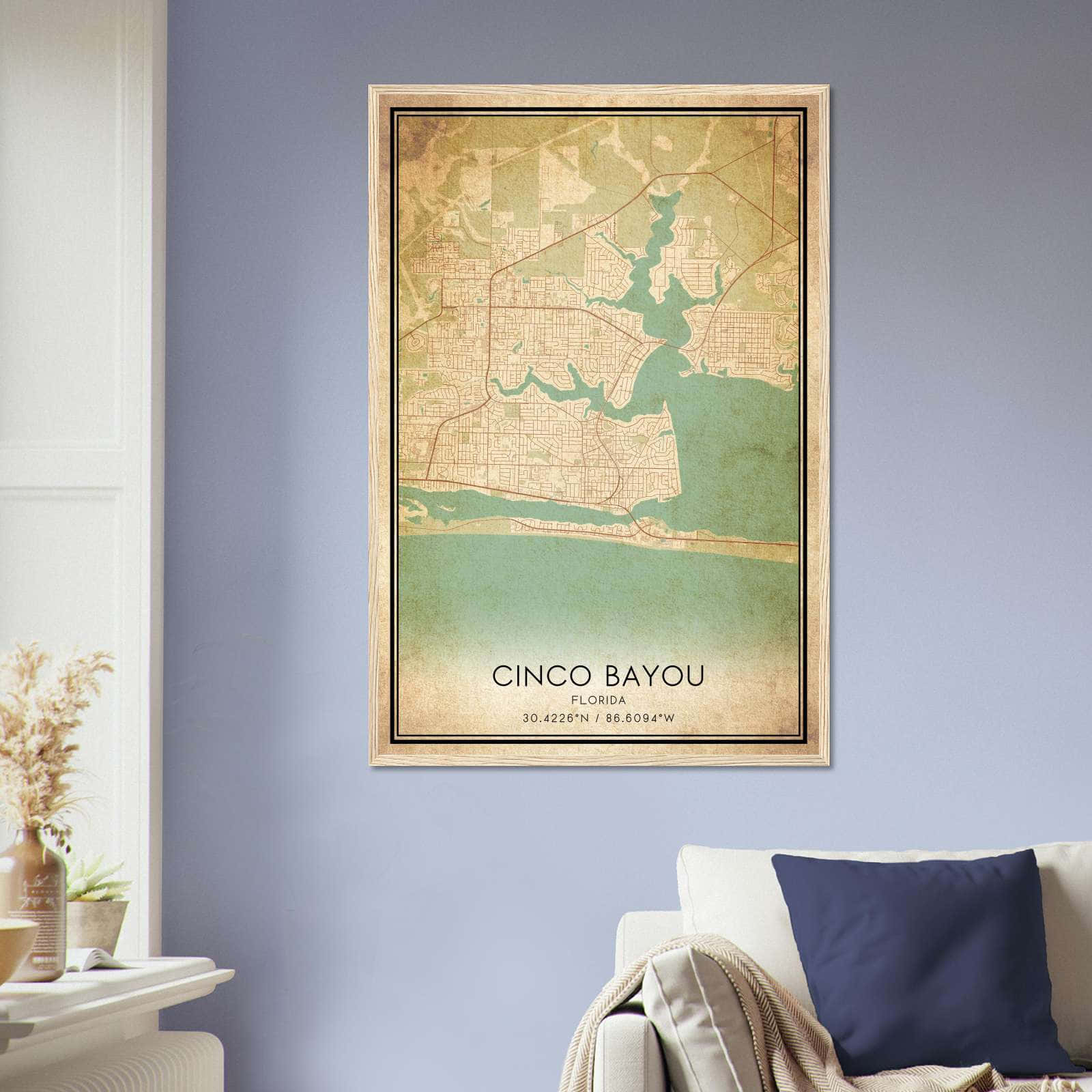 Vintage Cinco Bayou Florida Map Poster, Cinco Bayou FL City Road Wall Art Print