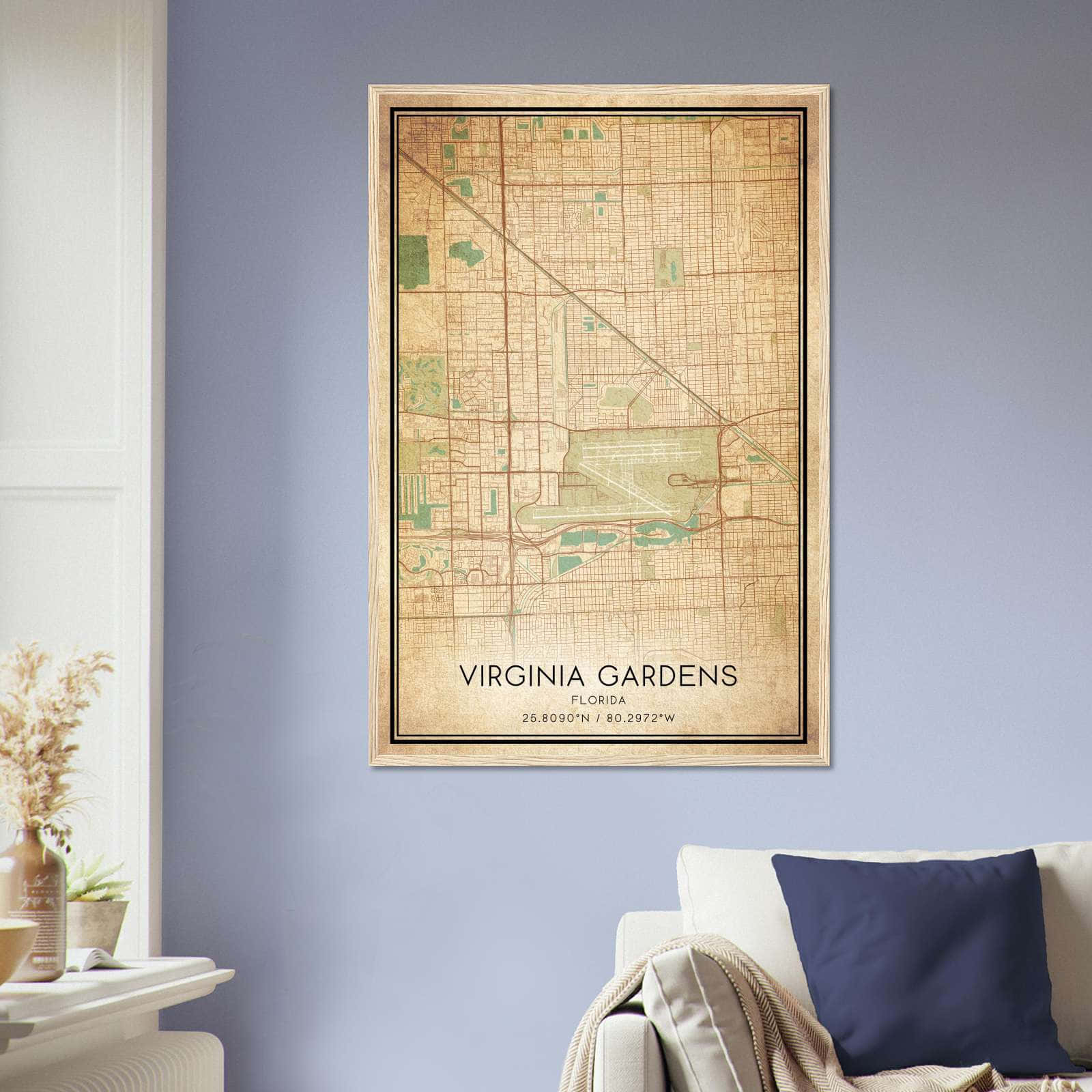 Vintage Virginia Gardens Florida Map Poster, Virginia Gardens FL City Road Wall Art Print