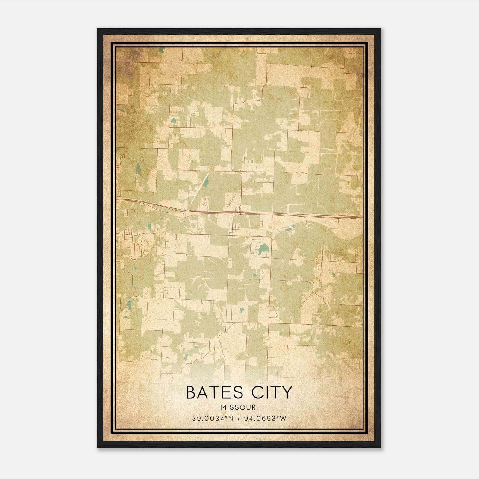 Vintage Bates City Missouri Map Poster, Bates City MO City Road Wall Art Print Vintage Bates City Missouri Map Poster, Bates City MO City Road Wall Art Print