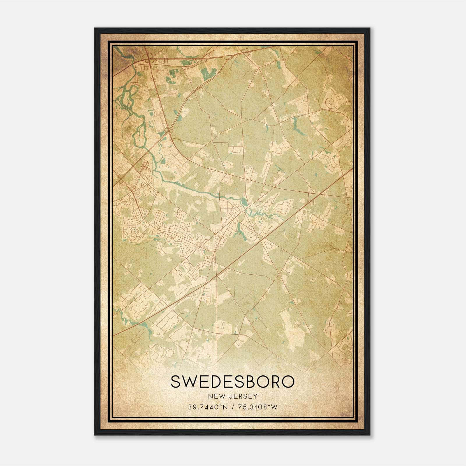 Vintage Swedesboro New Jersey Map Poster, Swedesboro NJ City Road Wall Art Print Vintage Swedesboro New Jersey Map Poster, Swedesboro NJ City Road Wall Art Print