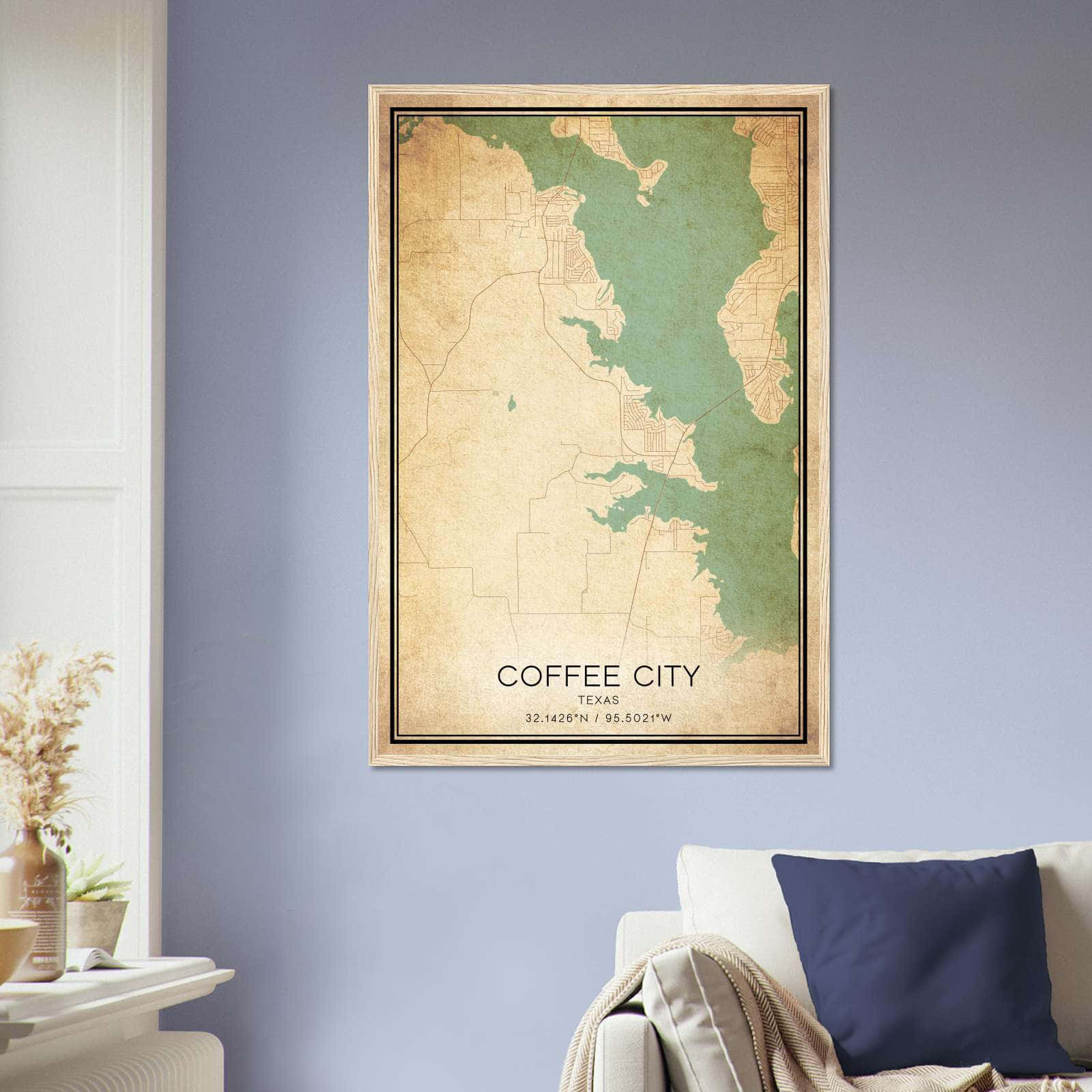 Vintage Coffee City Texas Map Poster, Coffee City TX City Road Wall Art Print