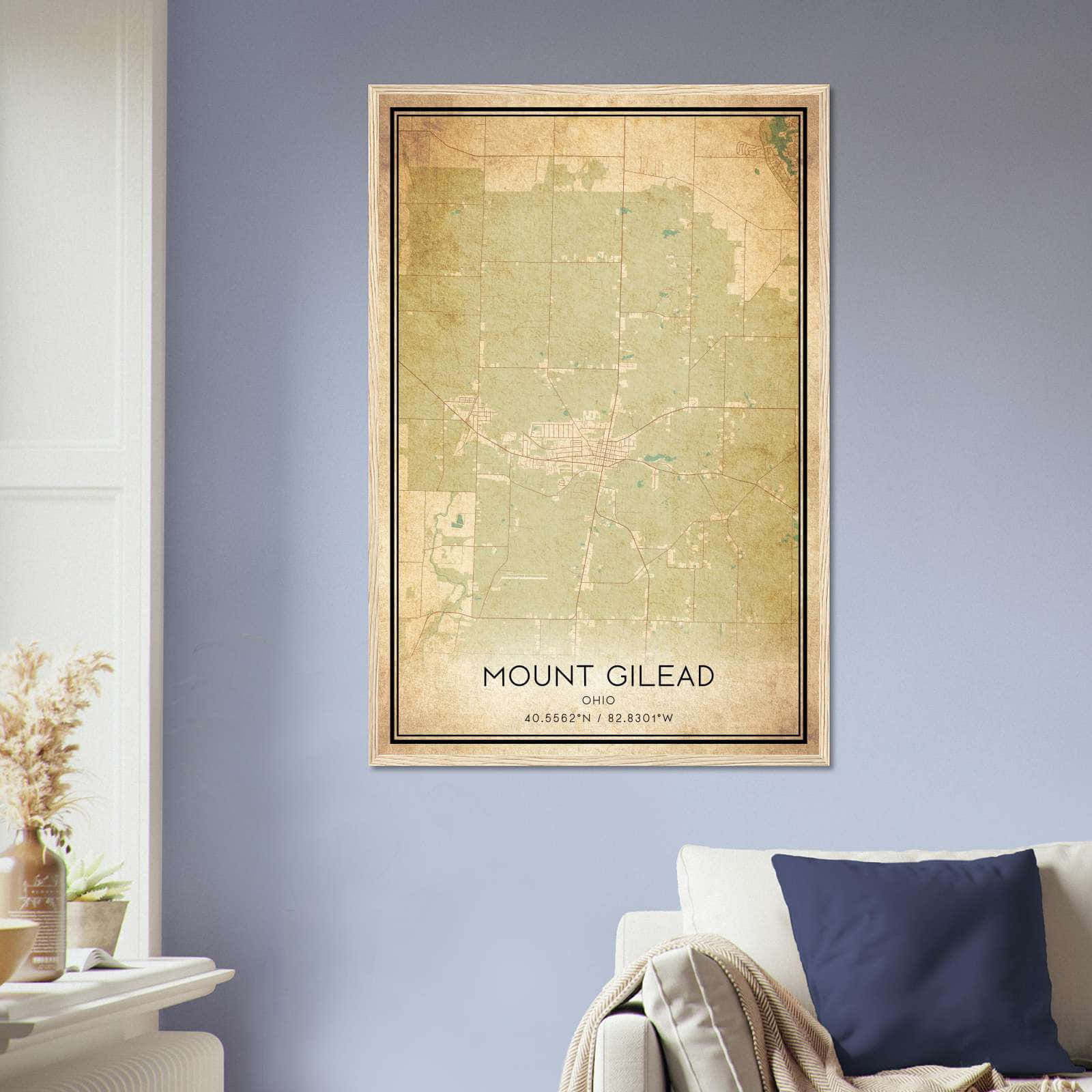 Vintage Mount Gilead Ohio Map Poster, Mount Gilead OH City Road Wall Art Print