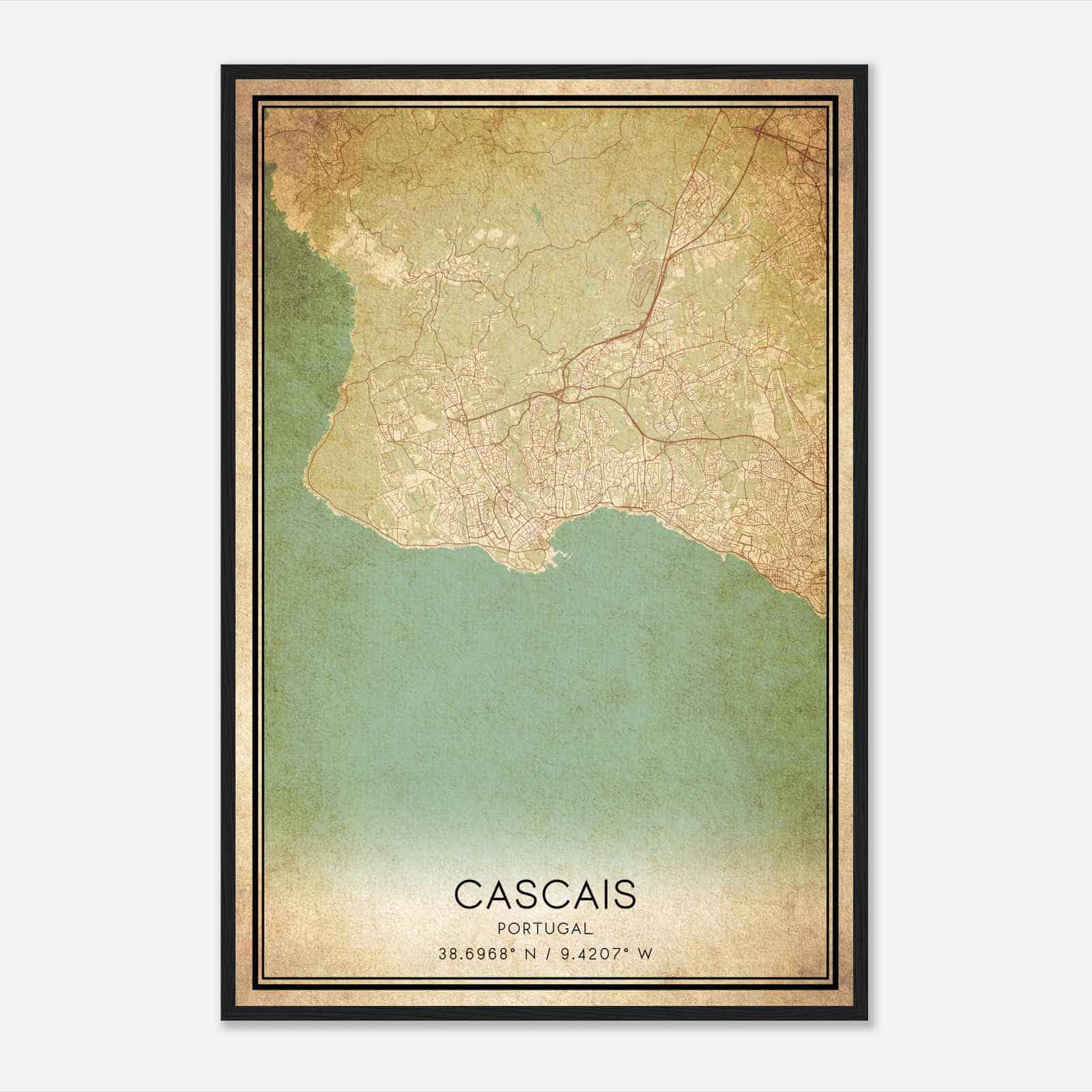 Vintage Cascais Portugal Map Poster, Cascais City Road Wall Art Print