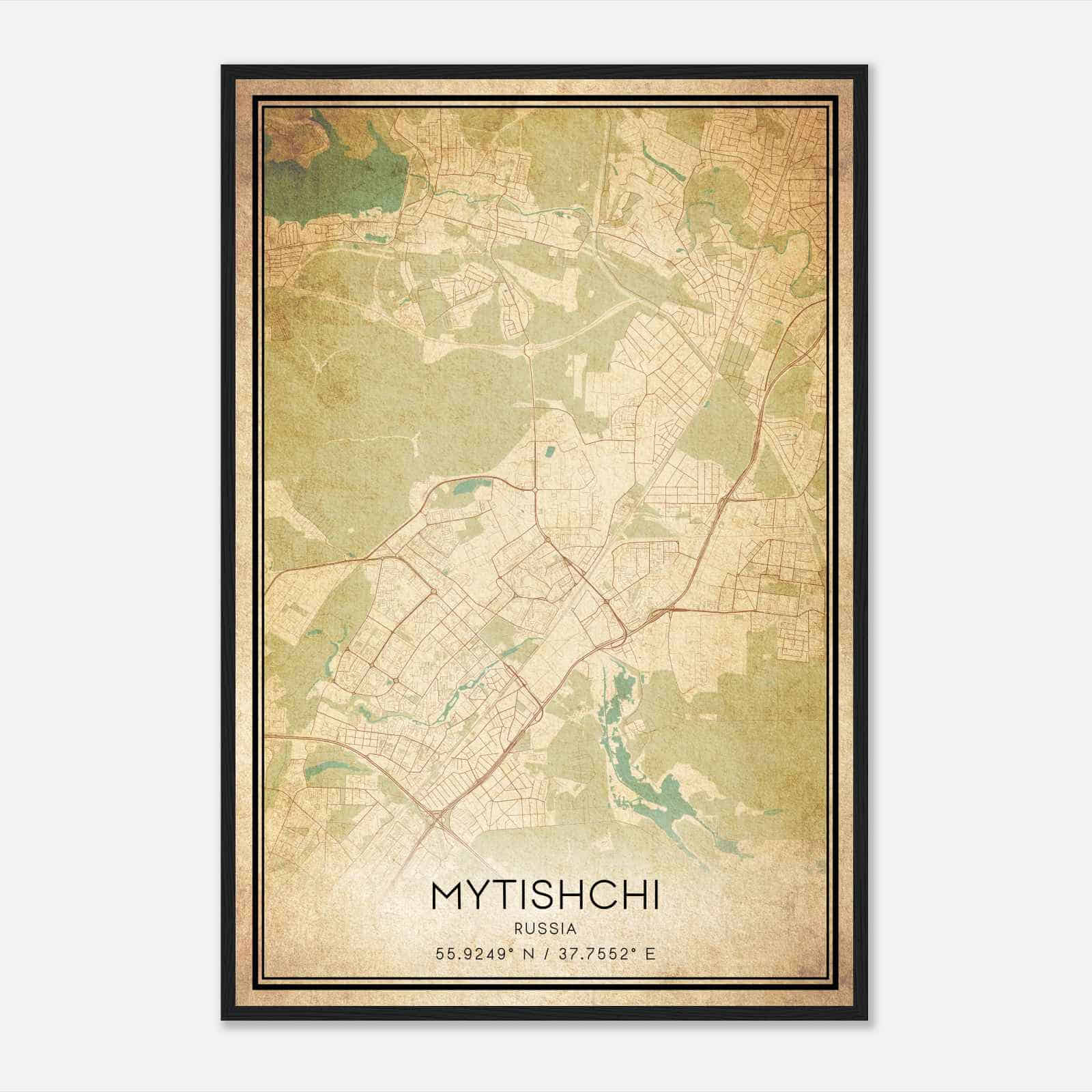 Vintage Mytishchi Russia Map Poster, Mytishchi City Road Wall Art Print