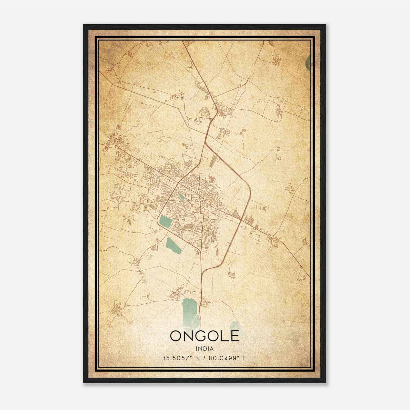 Vintage Ongole India Map Poster, Ongole City Road Wall Art Print