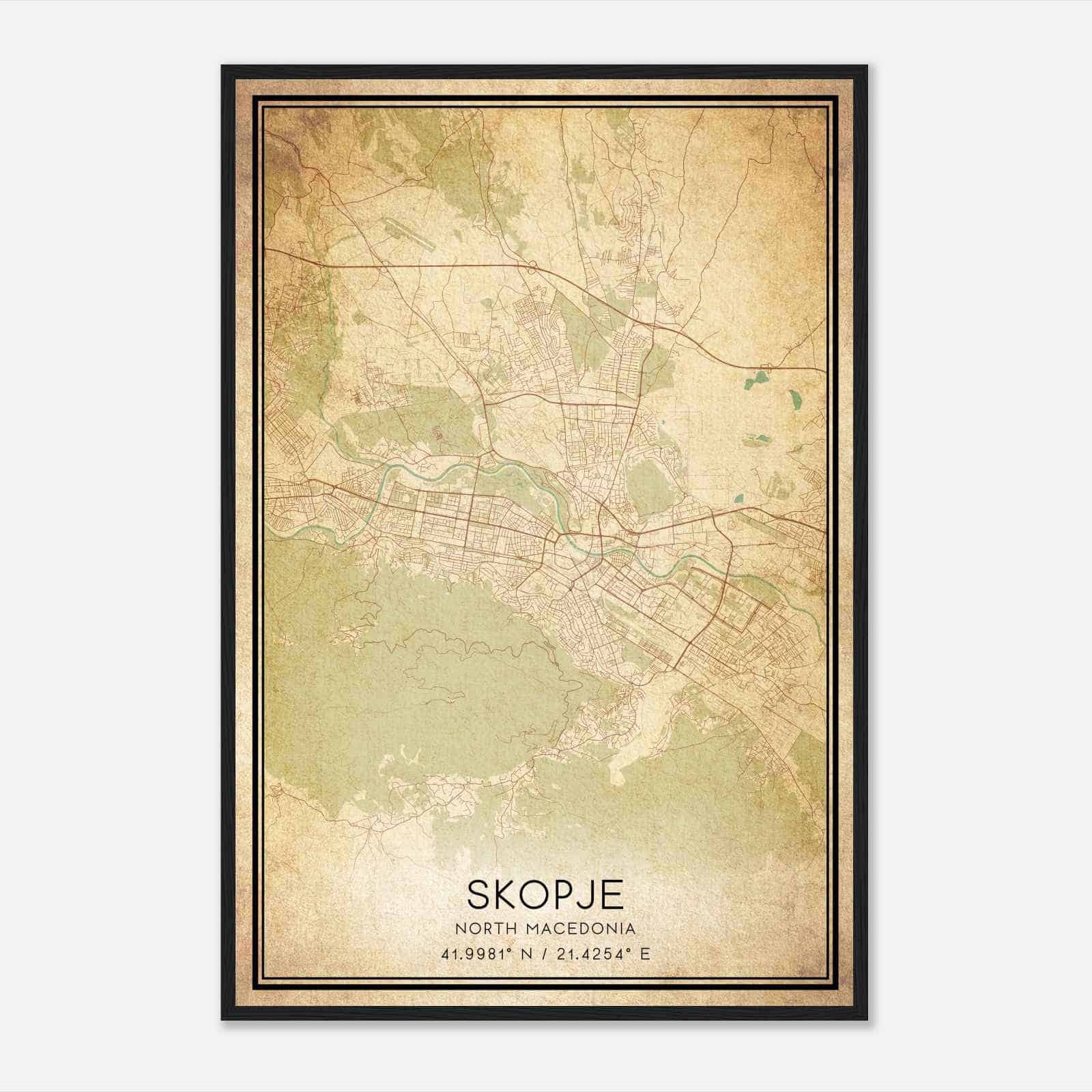 Vintage Skopje North Macedonia Map Poster, Skopje City Road Wall Art Print