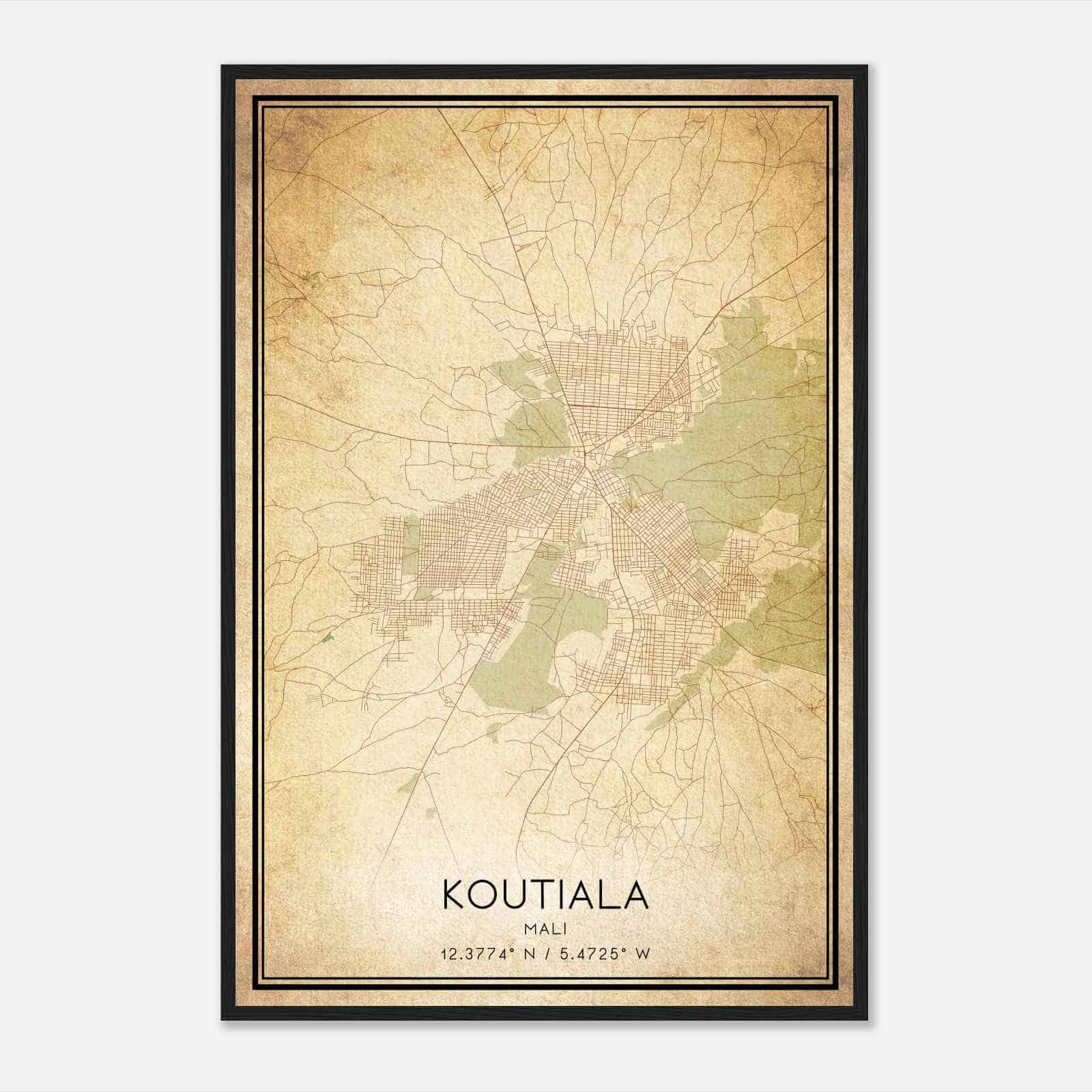 Vintage Koutiala Mali Map Poster, Koutiala City Road Wall Art Print