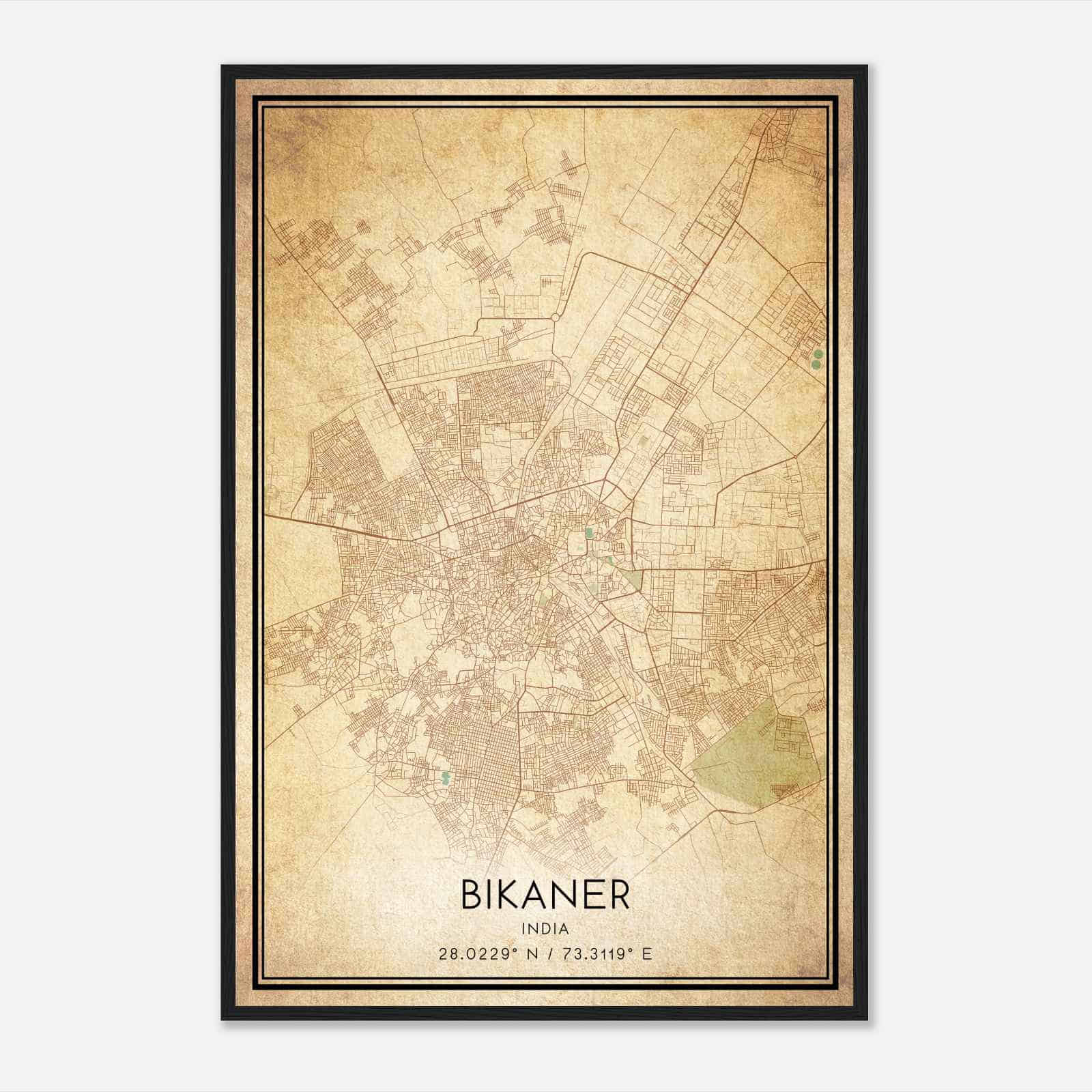 Vintage Bikaner India Map Poster, Bikaner City Road Wall Art Print