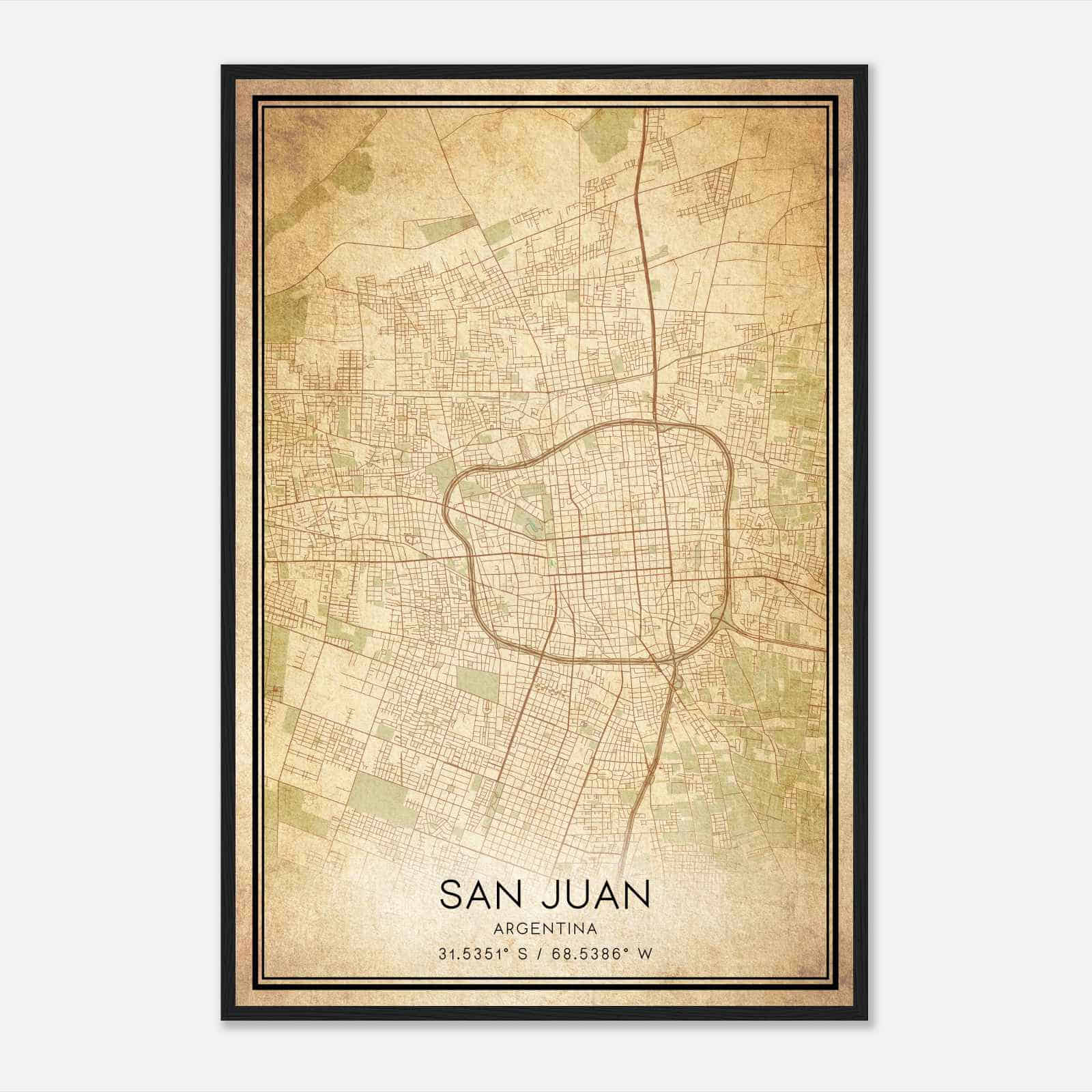 Vintage San Juan Argentina Map Poster, San Juan City Road Wall Art Print