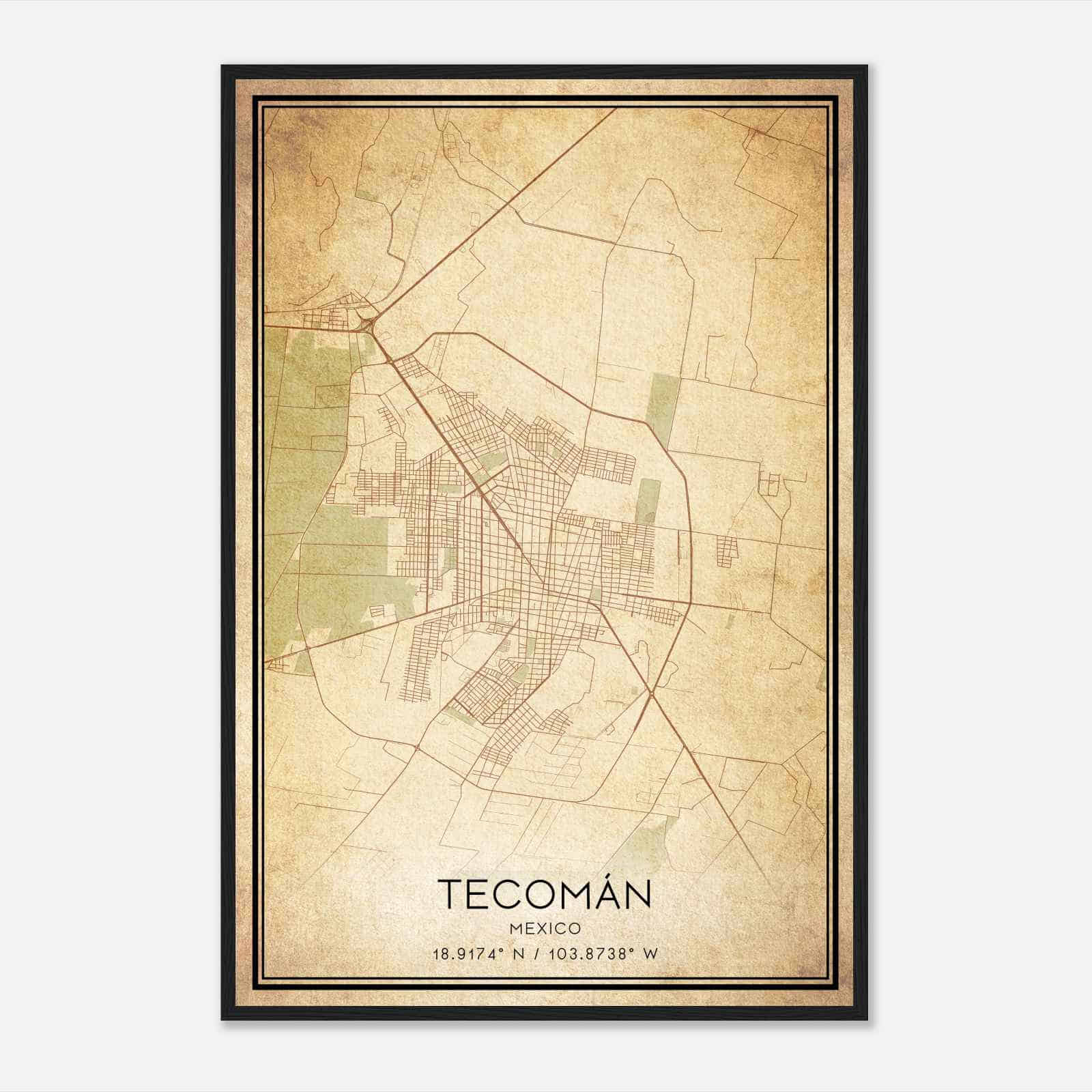 Vintage Tecoman Mexico Map Poster, Tecoman City Road Wall Art Print