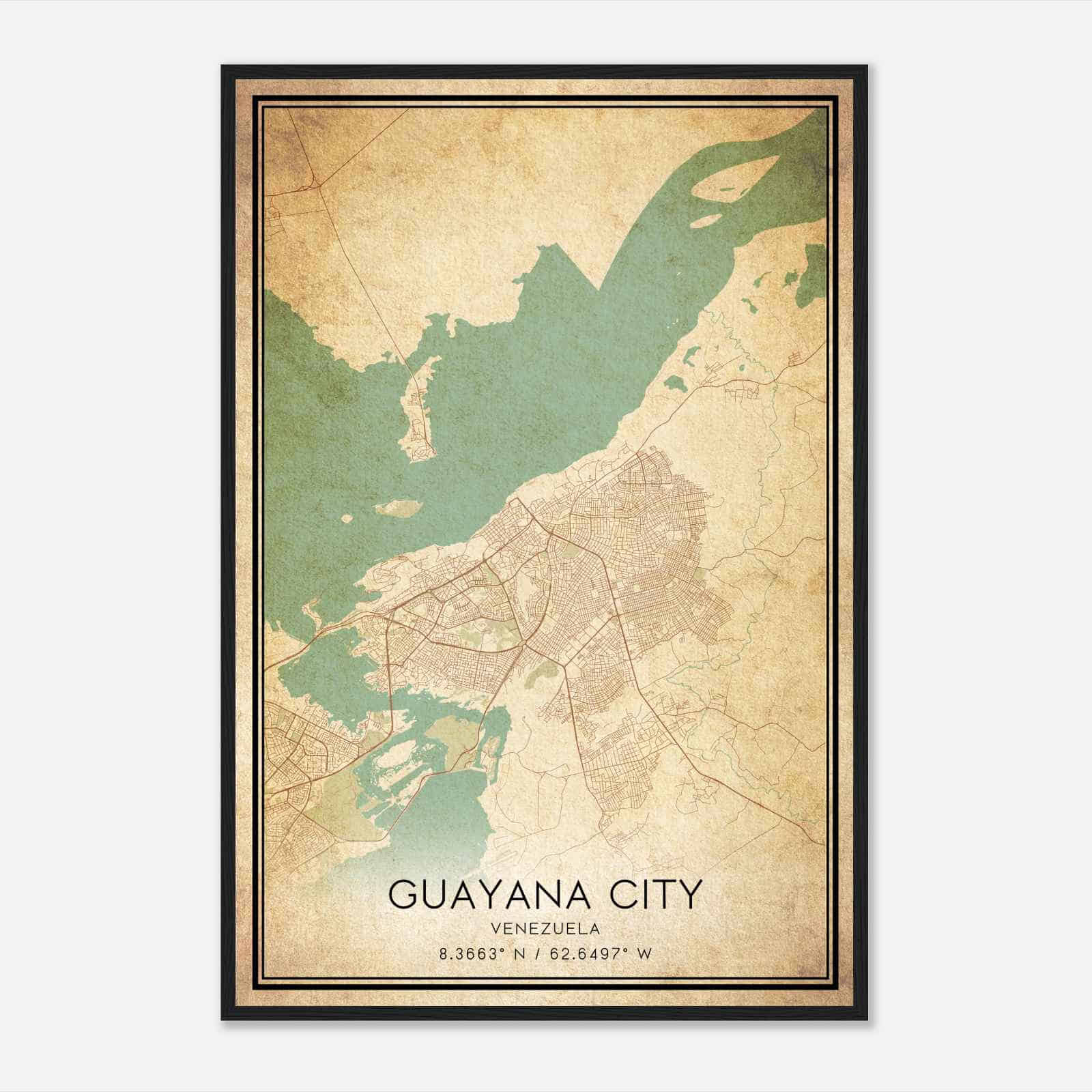 Vintage Guayana City Venezuela Map Poster, Guayana City City Road Wall Art Print