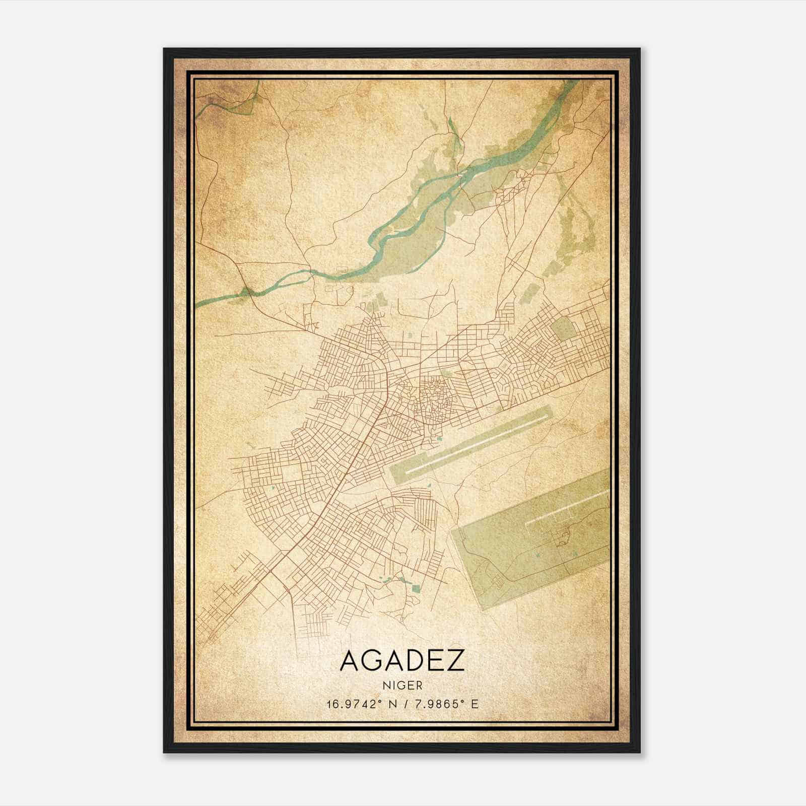 Vintage Agadez Niger Map Poster, Agadez City Road Wall Art Print