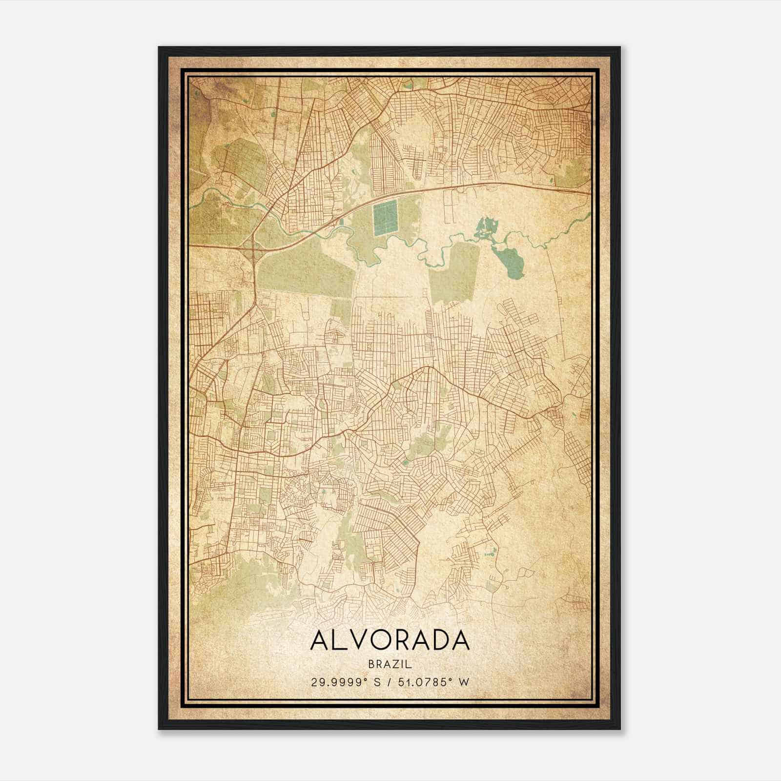 Vintage Alvorada Brazil Map Poster, Alvorada City Road Wall Art Print
